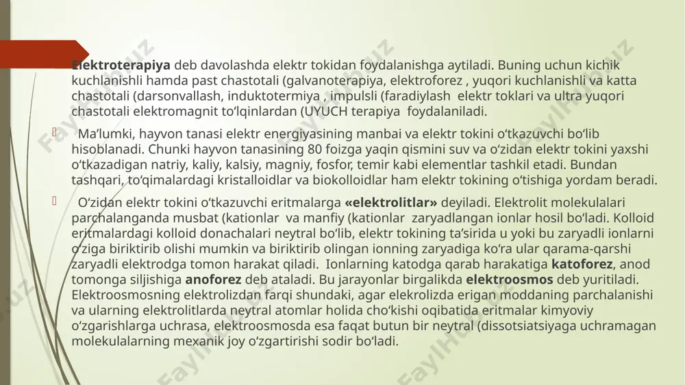ga ta’siri quyidagicha bo‘ladi: teri hamda shilliq pardalardagi retseptorlarni qitiqlaydi, elektroliz, elektroforez (anoforez, katoforez , issiqlik effekti namoyon bo‘ladi. tok kuchi kattalasha borgan sari to‘qimalarning qaltirashi va keyinchalik, og‘riq sezish namoyon bo‘ladi. galvanik tok beruvchi apparat elektrodlarning gavdani qaysi joyiga qo‘yilganligiga qarab o‘sha joydagi chuqur joylashgan a’zolar to‘qimalariga ta’sirot beriladi va oqibatda moddalar almashinuvi hamda to‘qimalarning funksional xususiyatlari o‘zgara boshlaydi. elektroforez (ionoterapiya ham xuddi galvanoterapiyadagiga o‘xshash bo‘lib, bunda faol elektrodning gidrofil cho‘ntakchasi kerakli moddaning ma’lum konsentratsiyali eritmasi bilan namlanadi. ionogalvanoterapiyada ham faol elektrodning qutbi ishlatiladigan eritmaning zaryadi va davolashning maqsadiga qarab aniqlanadi. manfiy zaryadli ionlar (anionlar anod orqali, musbat zaryadli ionlar (kationlar katod orqali chiqariladi. elektroforezda qo‘llaniladigan eritmalarning zaryadi: anionlar (- kationlar (+ kaliy, natriy yodid, 2-5% kalsiy xlorid, 2,5% kaliy, natriy bromid, 2-5% mis sulfat, 1-2% natriy xlorid, 2-5% adrenalin, 0,1% ixtiol, oltingugurt, 3-5% biomitsin, 1000 tb/kg natriy fosfat, 2-5 % novokain, 3-5% natriy salitsilat, 2-5% streptotsid, 3-5% penitsillin, …