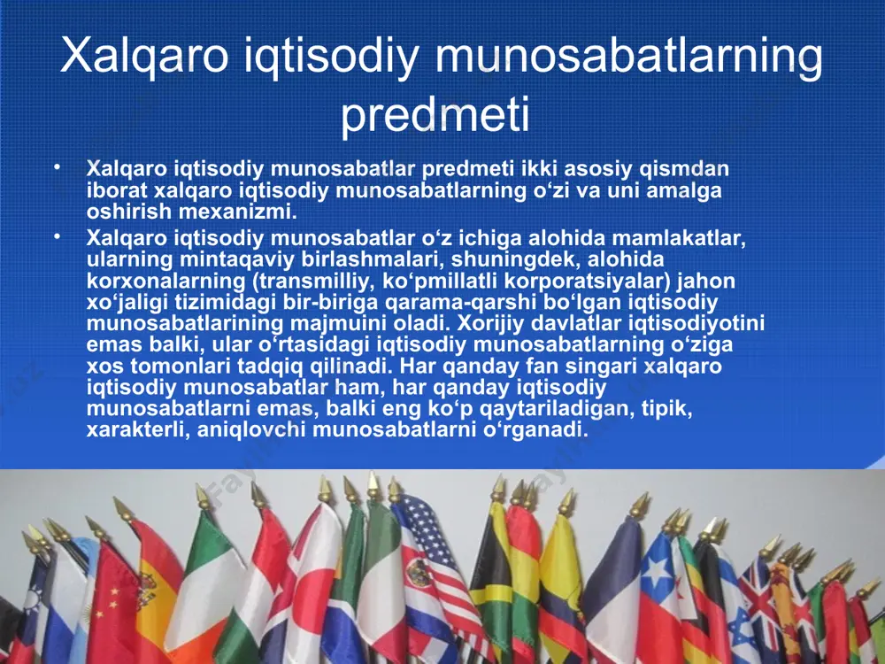 3 iyun) ratifikatsiya qilish haqida»gi o‘zbekiston respublikasi qonuni oliy majlis qonunchilik palatasi tomonidan 2007 yil 28 fevralda qabul qilinib, senat tomonidan 2007 yil 30 mart kuni ma’qullandi. 2007 yil 3 aprelda esa matbuotda e’lon qilindi. “markaziy osiyo hamkorligi” (moh) tashkiloti tuzildi. bu tashkilotning asosiy maqsad va mazifalari quyidagilardan iborat: a. suv –energetika zahiralaridan unumli foydalanish. b. transport tizimining umummintaqaviy tuzilmasi barpo etish. c. ishlab chiqarish kooperatsiyasi, savdo – iqtisodiy, ijtimoiy – madaniy munosabatlarini har tomonlama rivojlanish. d. ekologik muammolarini birgalikda hal etish. e. barqarorlikni mustahkamlash. о‘zbekistonning osiyo, yaqin sharq, yevropa va amerikaning 70 dan ortiq davlatlari bilan savdo-iqtisodiy hamkorligi yildan-yilga rivojlanib bormoqda. ularning orasida о‘zbekistonning rossiya (tashqi savdo aylanmasida ulushi 21,7%), koreya respublikasi (5,9%), turkiya (5,5%), qozog‘iston (5,4 %), xitoy (5,1%), eron (4,9%), germaniya (3,4%), aqsh (2,8%) va boshqa mamlakatlar bilan iqtisodiy aloqalari muhim о‘rinda turadi (2006). yangi ishlab chiqarishning yо‘lga qо‘yilganligi va tovarlar eksportining oshishi natijasida 2005 yilda о‘zbekiston …