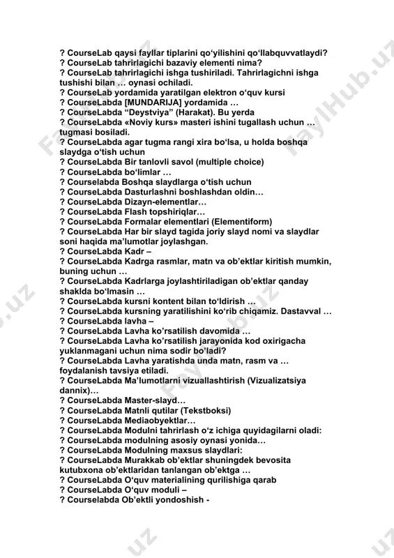 ulini qurish uchun qanday asosiy tiplardan foydalanadi? ? courselab qaysi fayllar tiplarini qo‘yilishini qo‘llabquvvatlaydi? ? courselab tahrirlagichi bazaviy elementi nima? ? courselab tahrirlagichi ishga tushiriladi. tahrirlagichni ishga tushishi bilan … oynasi ochiladi. ? courselab yordamida yaratilgan elektron o‘quv kursi ? courselabda [mundarija] yordamida … ? courselabda “deystviya” (harakat). bu yerda ? courselabda «noviy kurs» masteri ishini tugallash uchun … tugmasi bosiladi. ? courselabda agar tugma rangi xira bo‘lsa, u holda boshqa slaydga o‘tish uchun ? courselabda bir tanlovli savol (multiple choice) ? courselabda bo‘limlar … ? courselabda boshqa slaydlarga o‘tish uchun ? courselabda dasturlashni boshlashdan oldin… ? courselabda dizayn-elementlar… ? courselabda flash topshiriqlar… ? courselabda formalar elementlari (elementiform) ? courselabda har bir slayd tagida joriy slayd nomi va slaydlar soni haqida ma’lumotlar joylashgan. ? courselabda kadr – ? courselabda kadrga rasmlar, matn va ob’ektlar kiritish mumkin, buning uchun … ? courselabda kadrlarga joylashtiriladigan ob’ektlar qanday shaklda bo‘lmasin … ? courselabda …