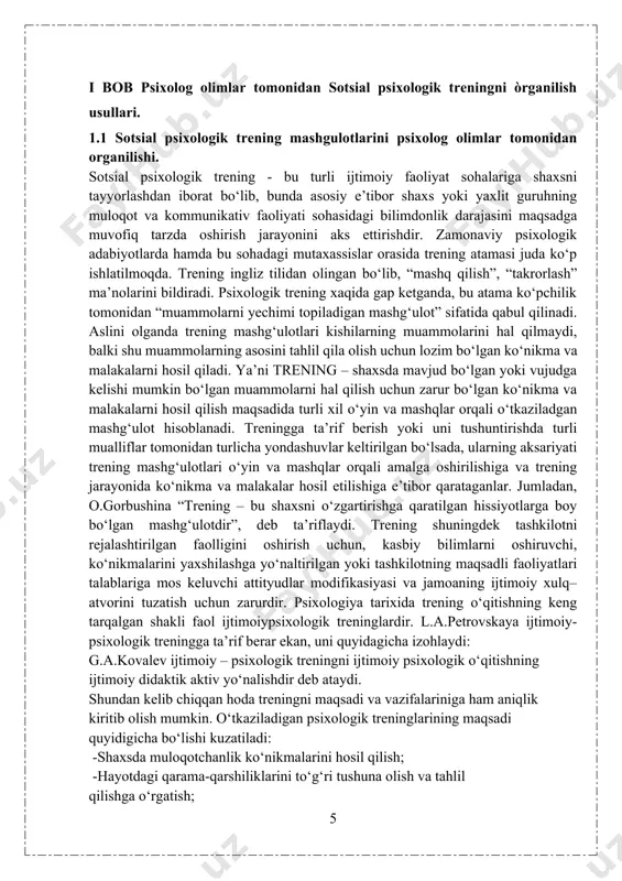 a vazifalariniga ham aniqlik kiritib olish mumkin. o‘tkaziladigan psixologik treninglarining maqsadi quyidigicha bo‘lishi kuzatiladi: -shaxsda muloqotchanlik ko‘nikmalarini hosil qilish; -hayotdagi qarama-qarshiliklarini to‘g‘ri tushuna olish va tahlil qilishga o‘rgatish; -shaxsning ichki holati (ruhiyati)ni o‘zgartirishga erishish; -shaxsni kamoloti uchun zarur bo‘lgan ko‘nikmalarni hosil qilish -favqulodda vaziyatlarda to‘g‘ri qaror qabul qila olish ko‘nikmasini hosil qilish. treninglarda vazifa sifatida har bir tanlab olingan muammo yuzasidan ma’lum holatlar nazarda tutiladi. lekin umumiy holda psixologik treninglarning vazifalariga quyidagilarni kiritish mumkin: -guruh a’zolarining bir-birlari bilan tanishuvini tashkil etish; -guruh a’zolari bilan birgalikda normalarga amal qilishga o‘rganish; -guruh a’zolarining muammolarini gapirtirishga sharoit yaratish; -guruh a’zolari o‘rtasida o‘zaro do‘stona muhit yaratish; -guruh a’zolarining o‘zaro jipsligini, ahilligini ta’minlash -guruh a’zolarida turli xil hayotiy ko‘nikma va malakalarni hosil qila oluvchi mashg‘ulotlar tashkil etish. sotsial psixologik trening - bu turli ijtimoiy faoliyat sohalariga shaxsni tayyorlashdan iborat bo‘lib, bunda asosiy e’tibor shaxs yoki yaxlit guruhning muloqot va kommunikativ faoliyati sohasidagi bilimdonlik darajasini maqsadga …