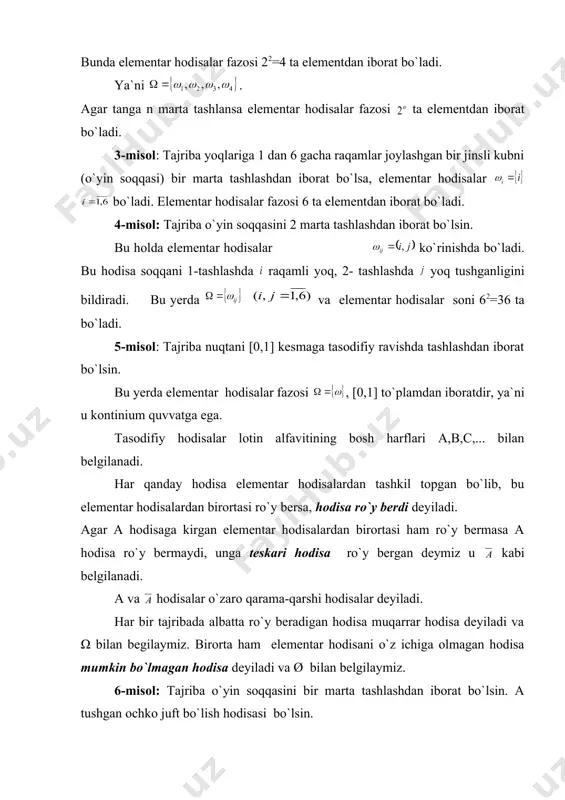 hodisasi ro`y bergan bo`ladi. bu holda a ga qarama-qarshi hodusa . 7-misol: b hodisasi tangani 2 marta tashlashda hech bo`lmaganda bir marta gerb tushish hodisasi bo`lsa va bo`ladi. agar a hodisani tashkil etgan elementar hodisalar b hodisaga ham tegishli bo`lsa, a hodisa b hodisani ergashtiradi deyiladi. masalan: , bo`lsa bo`ladi. ta`rif. va hodisalar bir xil elementar hodisalar hodisalar to`plamidan tashkil topgan bo`lsa, va hodisalar teng deyiladi va kabi belgilanadi. va ta`rif. va hodisalarning yig`indisi (birlashmasi) deb yoki ning yoki ikkalasining ham ro`y berishidan iborat hodisaga aytiladi . va hodisalarning birlashmasi yoki ( ) kabi belgilanadi. ta`rif. va hodisalarning bir vaqtda ro`y berishini ta`minlovchi lardan tashkil topgan hodisa va hodisalarning ko`paytmasi (kesishmasi) deyiladi va yoki kabi belgilanadi. ta`rif. ning ro`y berishidan ning ro`y bermasligidan iborat bo`lgan hodisaga va hodisalarning ayirmasi deyiladi va yoki ( ) kabi belgilanadi. va hodisalarning simmetrik ayirmasi tenglik bilan aniqlanadi. faraz qilaylik nuqtani katta to`g`ri to`rtburchak ichiga …