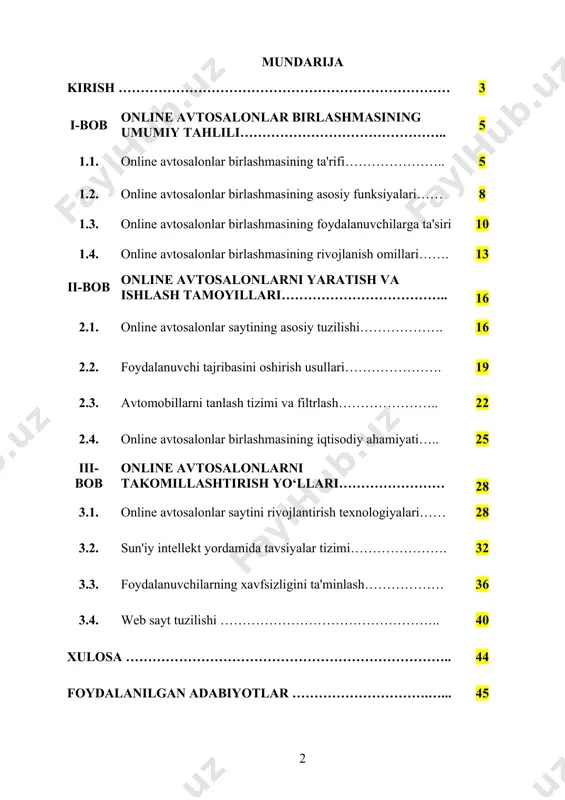 amli platformada birlashtirish, shuningdek, avtomobil sotuvchilari va xaridorlar o‘rtasidagi o‘zaro aloqalarni samarali tashkil etish dolzarb masalalardan biridir. ushbu mavzu, transport sanoatining raqamli transformatsiyasi jarayonida muhim ahamiyatga ega. onlayn avtosalonlar birlashmasi orqali foydalanuvchilarga o‘zlariga mos avtomobillarni tanlashda yordam beruvchi innovatsion xizmatlar taqdim etish, shuningdek, sotuvchilarga o‘z mahsulotlarini keng auditoriyaga yetkazish imkonini yaratish mumkin. bunday platforma foydalanuvchilarga avtomobil sotib olish yoki sotish jarayonini qulay va samarali tashkil etishga yordam beradi. kurs ishining maqsadi: onlayn avtosalonlar birlashmasining texnik va funksional jihatlarini o‘rganish, foydalanuvchilar uchun qulay va samarali platforma yaratish imkoniyatlarini tahlil qilish. onlayn avtosalonlar birlashmasining zamonaviy talablarga javob beradigan innovatsion yechimlarini ishlab chiqish, shuningdek, avtomobil sotish va sotib olish bo‘yicha onlayn platformaning iqtisodiy va tijorat jihatlarini rivojlantirishga yo‘naltirilgan tadqiqotlar o‘tkazish. kurs ishining vazifalari: onlayn avtosalonlar birlashmasining asosiy funksiyalarini o‘rganish va foydalanuvchilarning talablariga mos yechimlar ishlab chiqish. avtomobillarni tanlash va filtrlash tizimini avtomatlashtirish. platformaning interfeysi va foydalanuvchi tajribasini (ux/ui) optimallashtirish. avtomobil sotuvchilari va xaridorlar …