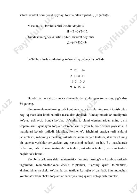 i ishlarni taqsimlashi, zobitning vizvotdagi askarlardalardan naryad tanlashi, shaxmatchining bir qancha yurishlar seriyasidan eng yaxshisini tanlashi va h.k. bu masalalarda ishlarning turli xil kombinatsiyalarini tanlash, askarlarni tanlash, yurishni tanlash haqida so’z boradi. kombinatorik masalalar matematika fanining tarmog’i – kombinatorikada urganiladi. kombinatorikada chekli to’plamlar, ularning qismi to’plamlari, akslantrishlar va chekli to’plamlardan tuzilgan kortejlar o’rganiladi. shuning uchun kombinatorikani chekli to’plamlar nazariyasining qisimi deb qarash mumkin. ko’plab kombinatorik masalalarni echish ikkita asosiy qoidaga yani yig’indi va ko’paytma qoidalariga asoslanadi. yig’indi qoidasi ikki chekli to’plam birlashmasi elementlarining sonini topishga, ko’paytrish qoidasi esa ularning dekart ko’paytmasi elementlarining sonini topishga yordam beradi. biror a chekli to’plam berilgan bo’lsin. uning elementlari sonini n (a) deb belgilaymiz. masalan, a = {a,b,c,d} bo’lsa, n (a) = 4 bo’ladi 4. 2. yig’indi qoidasi. a va b chekli to’plamlar berilgan bo’lsin. 1) agar embed equation.3 bo’lsa, n( ) = n(a)+n(b) bo’ladi. masalan, a = {1,2,3}, b = {a, b, c, d} …