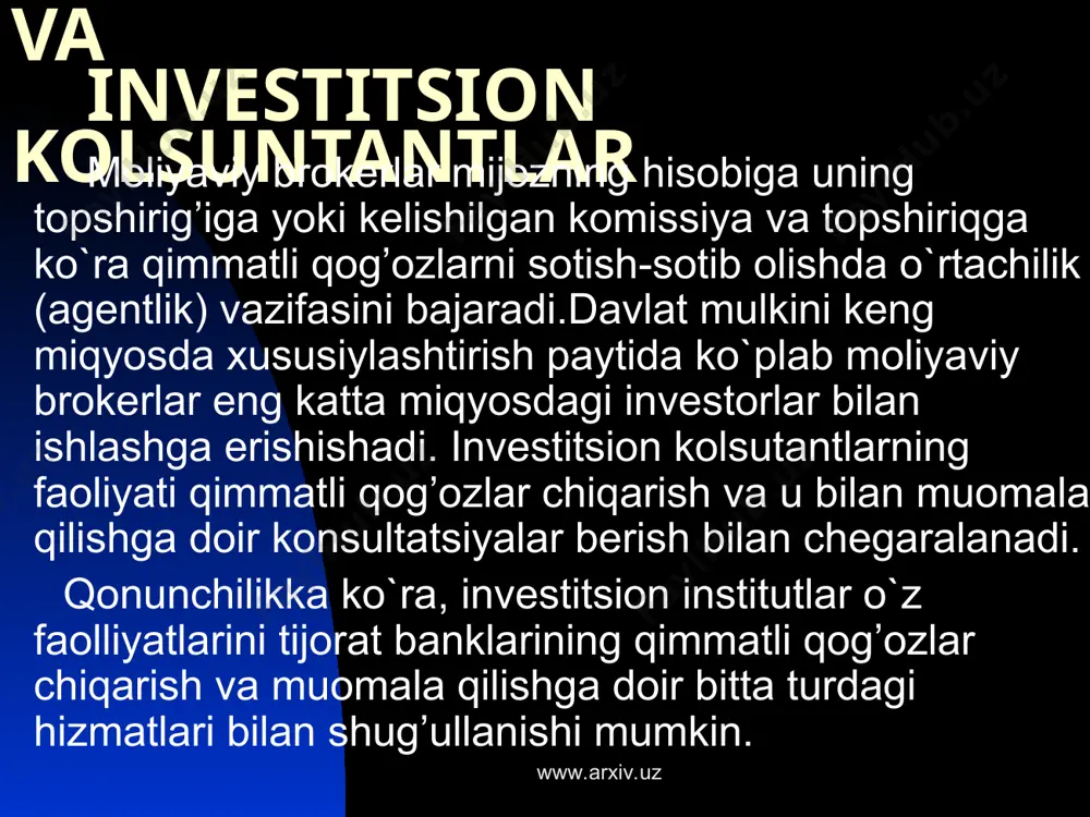 xiv.uz www.arxiv.uz kliring to`lovlari so`ngi vaqtlarda rossiya bozorida kassa hisob xizmatlari kliring to`lovlarini yuzaga kelishiga faol ta’sir ko`rsata boshladi. ular asosan banklararo kooperatsiya natijasida yuzaga keladi (m-n, moskva kliring markazi, markaziy hisob palatasi) va ishtirokchilar bilan banklar uchun ta’minotchi ham hisoblanib, rfning markaziy bankiga hisob-kassa tizimining markazlarini qo`shgan xolda, banklarning naqd pulsiz hisob-kitoblar doirasidagi imkoniyatlarining kengayishiga olib kelmoqda. yuridik mustaqil kliring to`lovlari tijorat banklariga raqobatdosh deb qaralishi mumkin, qaysikim o`zining mustaqil hisob kliring tizimiga ega bo`lgan (incombank, bank “menatep”, tver’universalbank, orgbank). www.arxiv.uz www.arxiv.uz plastik karta emitentlari raqobat muhiti banklarning nobank moliya institutlari bilan plastik (kredit, debet, diskont) kartalar chiqarish borasida ham juda qattiq bormoqda. boshidan kartalar emissiyasi bilan kredit karta kompaniyalari (“amerikan express”, “daynere klub”, “kart blansh” v.b.), va diskont kompaniyalari (m-n, iapa, etn, “countdown” – chet elda, rossiyada “moskow times”, “ekstra-klub”)lar shug’ullanishgan. bu kompaniyalarning yutuqlari natijasida, bir qancha nomoliyaviy korxonalar (telefon kompaniyalari, supermarketlar, otellar, benzokolonkalar setlaring boshliqlari v.b.) va …
