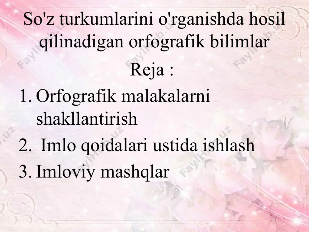 im ahamiyatga ega. o’quvchilarda kuzatish, muhim narsalarni sezish ko’nikmalarini shakllantirish, atrof-muhit haqidagi bilimlarini boyitish bilan bir vaqtda ularning nutqini o’stirish vazifasi ham amalga oshiriladi. orfografik malaka murakkab malaka bo’lib, quyidagilarga asoslanadi so’zning morfemik tarkibini aniqlash so’zni fonetik tomondan tahlil qilish metodikada orfografik mashqlarga : leksik – grammatik taxlil diktantlar ko’chirib yozish grammatik- orfografik tahlil ; bayonlar kiradi o’quvchilarda ko’chirib yozish ko’nikmasini shakllantirishga oid asosiy qoidalarga quyidagilar kiradi har bir gapdagi so’zlarni bo’g’inlarga ajrating va ichingizda bo’g’inlab ayting ko’chirib yozishdan oldin ko’chiradiganingizni yaxlit o’qib chiqing ko’chirib yozganingizni asliga solishtiring kompleks shakllarga misollar ko’chirish. o’zakdosh so’zlarni aniqlab, o’zakni ajratish matn mazmuniga mos so’zni qavs ichida berilgan so’zlardan topib qo’yib ko’chirish aralash berilgan so’zlardan gap tuzish va yozish tushirib qoldirilgan qo’shimchalarni qo’yib ko’chirish, qanday qo’shimcha ekanini aytish, yozilishini tushuntirish tartibsiz berilgan gaplardan bog’lanishli matn tuzish tanlab ko’chirish ta’kidiy diktant qoidani tadbiq etish usullarini yaxshi bilib olish maqsadida foydalaniladi. matnni yozishdan oldin, uni yozish …