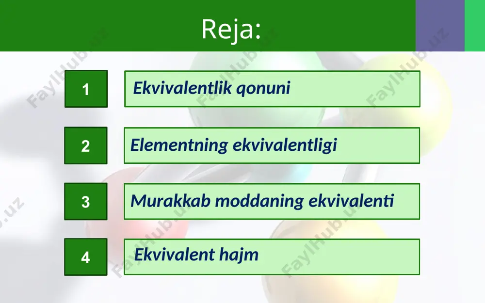 bir ekvivalenti bilan ta’sirlashadigan miqdoridir. demak, moddalar bir-biri bilan o‘z ekvivalentlariga mos ravishda o‘zaro ta’sirlashadi. bu ekvivalentlik qonuni deb ataladi. ekvivalent hajm – moddaning 1 ekvivalenti egallaydigan hajm bo‘lib, gazs imon holat uchun qo‘llanadi (1 ekvivalent hajm h2 – 11,2 l/mol, o2 – 5,6 l/mol). image2.jpg image3.jpeg image4.jpeg image5.jpeg image6.png image7.jpeg image8.png image9.jpeg image10.jpeg image11.jpeg image12.gif image13.jpeg image14.png image15.png image16.jpeg image17.png image18.jpeg image19.jpeg image20.jpeg image21.jpeg image22.jpeg image23.jpeg image24.jpeg image25.png image26.png image27.jpeg image28.jpeg image29.jpeg image30.jpeg image31.png image32.jpeg image33.jpeg image34.jpeg image35.jpeg image36.jpeg image1.jpg /docprops/thumbnail.jpeg