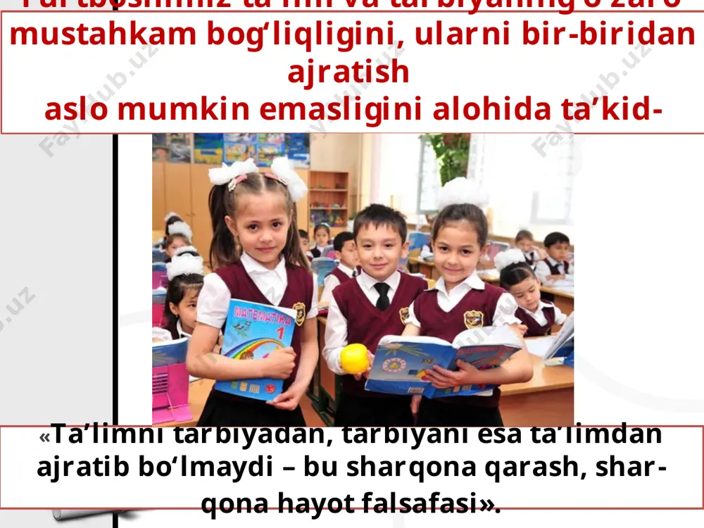 iyasiga nihoyatda katta javobgarlik hissi bilan yondashish masalasi. axir, yoshlar xalq ma’naviyatining – ham mahsuli, ham kelajagi... kadrlar tayyorlash milliy dasturi hamda 2004–2009-yillarda maktab ta’limini rivojlantirish umummilliy davlat dasturining hayotga muvaffaqiyatli joriy etilishi natijasida yurtimizda mutlaqo yangi mazmun- mohiyatdagi ta’lim-tarbiya tizimi vujudga keldi. mamlakatimizda qisqa muddat ichida minglab akademik litseylar, kasb-hunar kollejlari qurilib, yoshlar va ularning murabbiylari ixtiyoriga berildi. oliy o‘quv yurtlari, boshqa ilm-fan dargohlari zamonaviy ta’lim berishning, ilmiy tadqiqot olib borishning eng ilg‘or uskunalari va uslublari bilan ta’minlandi. o‘zbekistonda ta’lim-tarbiyaning mazmun-mohiyati tubdan yangilandi. bugungi o‘quvchi- talabaning ongi, aql-u shuuri endi qotib qolgan sho‘roviy aqidalar, sinfiy qarashlar bilan to‘ldirilmaydi. bu ibratli holatga, teran aql-u tafakkur bilan yuksak ma’naviyatning bu mukammal uyg‘unligiga faqat ta’lim va tarbiyaning uyg‘un olib borilishi, inson takomilining har ikki jabhasiga birdek jiddiy e’tibor berilishi orqaligina erishish mumkin. savol va topshiriqlar: 1. mahmudxo‘ja behbudiy va abdulla avloniyning darslikda keltirilgan fikrlari o‘tgan asrning 10-yillarida qanchalik muhim edi? 2. yurtboshimizning …