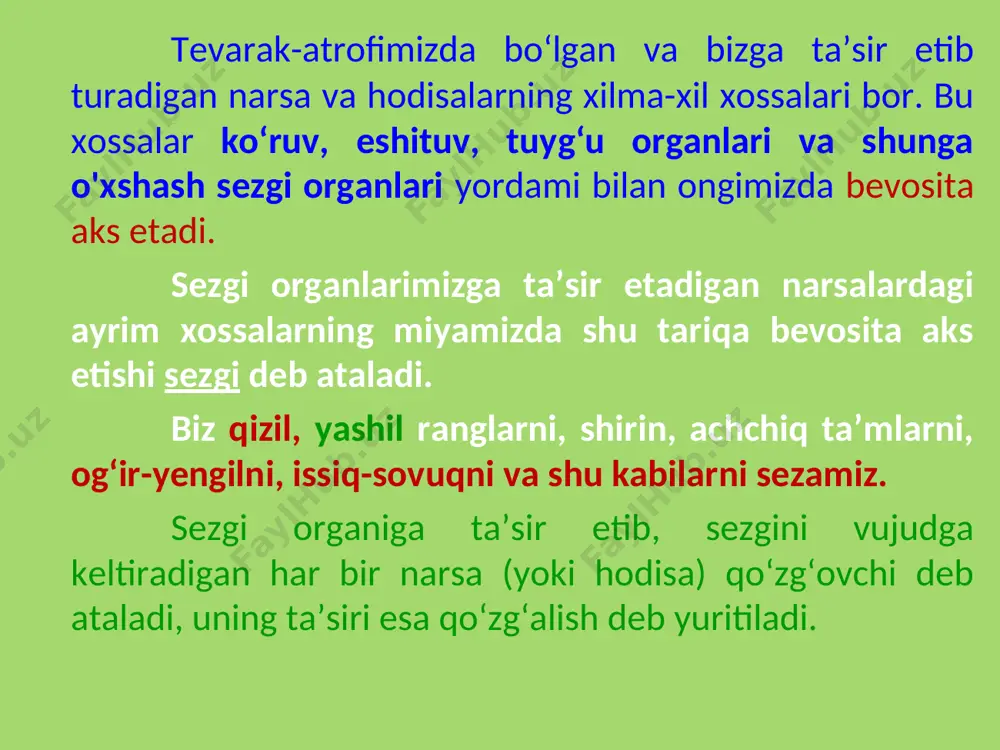 uzur qiladi. ba’zi sezgilarda hissiy ton juda kuchli bo’ladi. masalan, ortiqcha to‘yish, ochiqish, og'riq sezgilari shundaydir. 2. sezgi turlari sezgilar xilma-xil bo’ladi. turli-tuman sezgini qaysi sezgi organlari yordami bilan hosil qilsak, ularni o'sha organlarga qarab odatda, quyidagi turlarga, ya’ni ko'rish sezgilari, eshitish sezgilari, hid bilish sezgilari, ta’m (maza) bilish sezgilari, teri sezgilari, muskul-harakat sezgilari va organik sezgilarga ajratiladi. sezgi organlari qayerda ekanligiga va qayerdan qo'zg'alishiga qarab, ularni uch guruhga ajratish mumkin: 1)eksteroretseptorlar, 2)proprioretseptorlar va 3) interoretseptorlar. eksteroretseptorlar organizmning sirtida bo’ladi — ko'rish, eshitish, hid bilish, ta’m (maza) bilish, teri sezgisi, muskul harakat sezgisi va organik sezgi organlari shu jumladandir. bu a’zolar tashqi sezgi a’zolari deb ataladi. organizmimizdan tashqaridagi narsa va hodisalarning xossalari ana shu a’zolar yordami bilan aks ettiriladi. shu a’zolar orqali kelib chiqadigan sezgilar (ko'rish, eshitish sezgilari va hokazo) eksterioretseptiv sezgilar deb ataladi. proprioretseptorlar muskul, pay va boylamlarda bo’ladi. organizmimiz va undagi ayrim a’zolarning turli harakatlarini va vaziyatini ana …
