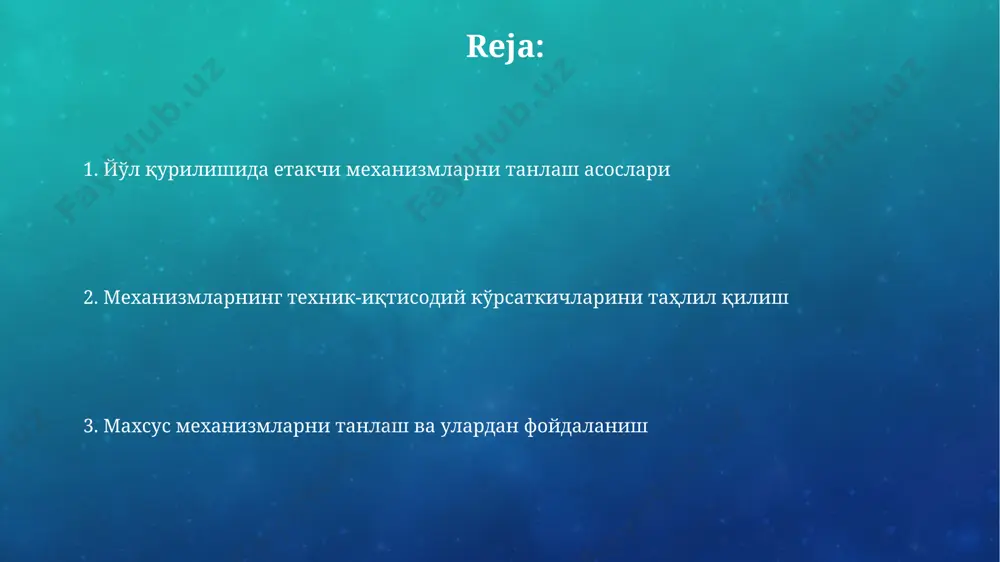 лоятидаги йўл таъмирлаш ишларида 2022 йилдан бошлаб 15% гача самарадорликни оширувчи янги авлод асфальт текислагичлари ва вибрацион плиталардан фойдаланилмоқда. хавфсизлик ва экологик талаблар тошкент шаҳридаги йўл қурилишида 30% дан ортиқ шовқин даражаси 80 дб дан юқори бўлган механизмларнинг ишлатилиши тақиқланган. хавфсизлик қоидаларига риоя этиш муҳим. самарқанд вилоятидаги йўл қурилиши лойиҳаларида 500 метрдан кўп узунликдаги йўлларда ҳар 200 метрда хавфсизлик белгилари ва ёритиш тизими ўрнатилиши шарт. иш шароитлари ва рельефни ҳисобга олиш қумли тупроқлардаги, навоий вилояти каби ҳудудлардаги йўл қурилишида 20 тонна юк кўтара оладиган ва чўкишга чидамли юк машиналаридан фойдаланиш самаралироқ. тошкент вилоятининг ҳилма-хил рельефи (текислик, тоғли ҳудудлар) йўл қурилишида турли механизмларни танлашга таъсир кўрсатади, масалан, 15° дан ортиқ нишабликларда махсус техника зарур. иқтисодий самарадорликни баҳолаш сурхондарё вилоятидаги 5 та йўл қурилиши лойиҳасидаги таҳлил кўрсатдики, энг самарали механизмларни танлаш йиллик 30% гача харажатларни камайтириши мумкин, бу ҳар бир лойиҳа учун ўртача 50 млн сўмни ташкил этади. фарғона водийсидаги йўл таъмирида, …