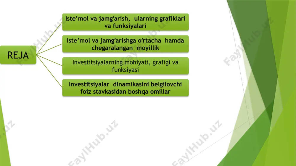 toʻlagan soliqlari bilan belgilanadigan tasarrufidagi daromadi (di – disposable income, yoki yd ) koʻrsatkichidir. ma’lumki, uy xoʻjaligi tasarrufidagi daromad iste’mol va jamgʻarish uchun ishlatiladi. ya’ni, qancha koʻp iste’mol qilinsa, shuncha kam jamgʻariladi va aksincha. iste’mol va jamgʻarish oʻrtasidagi oʻzaro bogʻliqlik har xil daromadga ega boʻlgan shaxslarda bir xil emas: kam daromadga ega boʻlganlar, odatda, uning koʻproq qismini iste’mol qilib, kamroq qismini jamgʻaradi, lekin daromadlari oshib borishi bilan bu nisbat jamgʻarish foydasiga oʻsadi. jamg‘arma bu xo‘jaligi ixtiyoridagi daromadning iste’mol qilinmagan qismi. s=sp+sd+sx sp– xususiy jamg‘armalar; sd - davlat jamg‘armalari; sx – boshqa mamlakatlar jamg‘armalari sp=(y+tr+n-t)-c y-daromadlar; tr-transfert to‘lovlari; n – davlat zayomlari bo‘yicha foizlar; t – soliqlar; s – iste’mol. sd=(t-tr-n)-g agar davlat jamg‘armalari nolga teng bo‘lsa, davlat byudjeti muvozanatlashgan, jamg‘arishning manfiy miqdori byudjet taqchilligini (vt) bildiradi: vt= - sd boshqa mamlakatlarning jamg‘armalari tashqi dunyoning bizning importimiz hisobiga olgan daromadlari minus ularning bizning eksportimizga sarflangan xarajatlariga teng sx = m-x yd …