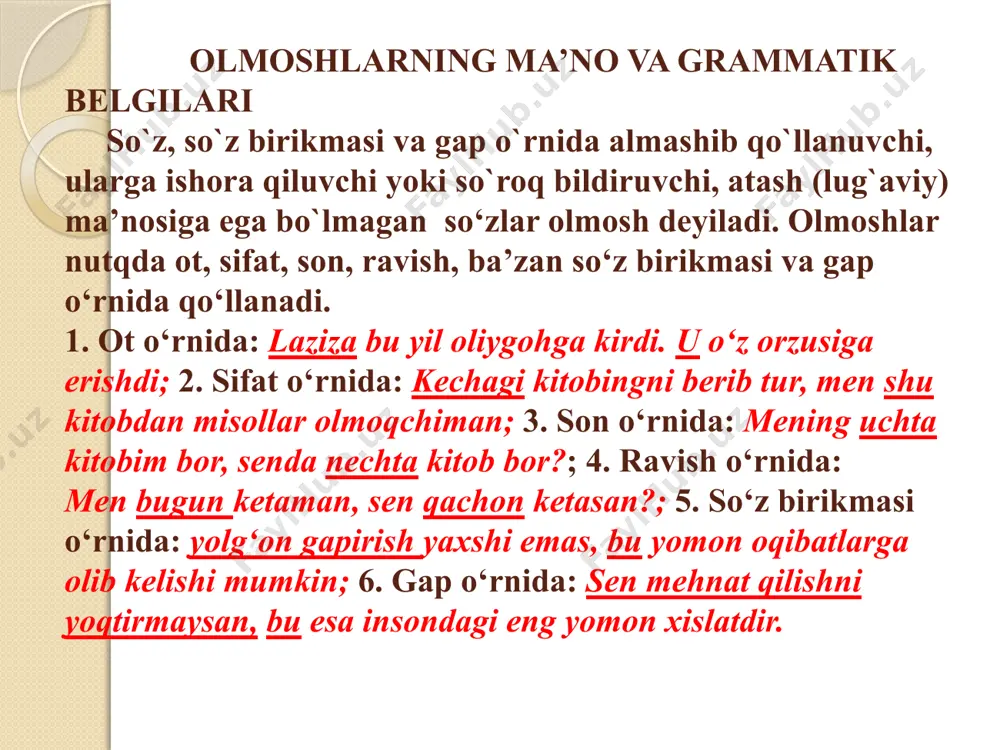 javob bo‘ladi. u, bu, shu, o‘sha olmoshlari jo‘nalish, o‘rin-payt, chiqish kelishiklari bilan turlanganda yoki ularga -day, -cha qo‘shimchalari qo‘shilganda bir n tovushi orttiriladi: unda, bunga, shunda, o‘shancha, unda, o‘shanday. ko‘rsatish olmoshlari gapda ega: (bu- mening do‘stim.), aniqlovchi (o‘sha qiz bizning kollejda o‘qiydi.), hol (bunda bulbul kitob o‘qiydi.) va kesim (bizning maqsadimiz- shu.) vazifalarini bajaradi. agar ot vazifasida kelsa, otlar kabi son, egalik, kelishik qo‘shimchalarini oladi: bular, bularni, bularning, shunda, shularingiz. ko‘rsatish olmoshlariga iii shaxs egalik qo‘shimchasi ikki marta qo‘shiladi: bun+i+si, shun+i+si, o‘shan+i+si. 3. so‘roq olmoshlari narsa-shaxs, belgi, miqdor(son), sabab-maqsad, o`rin-payt haqida so‘roqni anglatadi. so‘roq olmoshlari shaxsga nisbatan (kim?), narsaga nisbatan(nima?), belgi-xususiyatga nisbatan (qanday? qaysi? qanaqa?), miqdorga nisbatan (qancha? necha? nechta?), o‘rin-joyga nisbatan (qayerda? qayda? qayoqda?) paytga nisbatan (qachon?), mavjudlikka nisbatan (qani?) so‘roqlarni bildiradi. so‘roq olmoshlarining grammatik xususiyatlari ma’no xususiyatlaridan kelib chiqadi. narsa-shaxs haqidagi so‘roq anglatuvchi so‘roq olmoshlari ko‘plik, egalik, kelishik qo‘shimchalari bilan qo‘llanadi (nimalar, nimasi), gapda ega (darsga kim kelmadi?); …