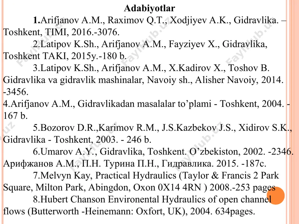 al suyuqliklar va gazlarning harakatiga doir baʼzi masalalarni yechishda ideal suyuqlik tushunchasidan foydalaniladi. oqimning asosiy gidravlik elementlari sarf – vaqt davomida harakat kesimidan o‘tayotgan suyuqlik miqdori– q sarf o‘lchov birligi elementar oqimcha sarfi oqim sarfi xo‘llangan perimetr – oqim va qattiq sirt chegarasi: to’ri to‘rtburchak kanal uchun, trapetsiadal kanal uchun, silindrik quvurlar uchun, gidravlik radius – oqim harakat kesimining xo‘llangan pirimetriga nisbati to’g’ri to‘rtburchakli kanal uchun; trapetsiadal kanallar uchun; silindrik quvurlar uchun; o‘rtacha tezlik – suyuqlik sarfining harakat kesimiga nisbati ideal suyuqlikning elementar oqim naychasi uchun d.bernulli tenglamasi suyuqlikning barqaror harakati uchun uzilmaslik (uzluksizlik) tenglamasi elementar oqimcha xossalaridan ma’lumki 1-1 va 2-2 kesimlar orqali o‘tuvchi elementar sarflar teng bo‘ladi u xolda sarfni aniqlash formulasidan elementar oqimchaning xoxlagan kesimi uchun quyidagicha yozishimiz mumkin oqim uchun uzilmaslik tenglamasini keltirib chiqarishimiz uchun quyidagi ifodani yuzalar bo‘yicha integrallar bilan almashtiramiz harakatning barqarorligidan kelib chiqib, quyidagi ifodani yozish mumkin: ya’ni, oqimning o‘rtacha tezligi harakat kesimiga …