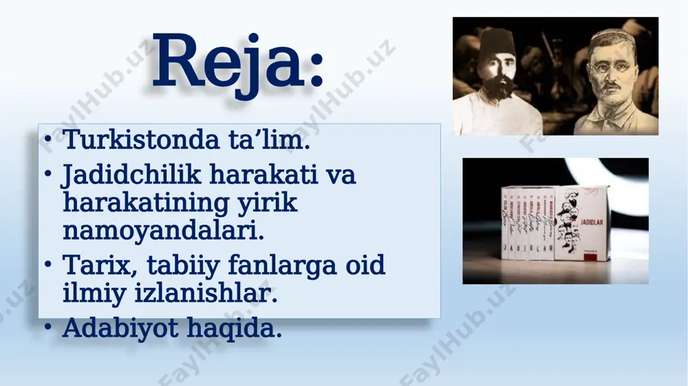 an ham foydalandilar. buxoro amirligida birinchi yangi usul maktabi 1893-yilda faoliyat ko‘rsata boshladi. o‘rta osiyodagi milliy taraqqiyparvarlik harakati hududiy xususiyatlariga ko‘ra turkiston, buxoro va xiva jadidlariga bo‘linadi. turkiston jadidchiligining asosiy tarkibini ziyolilar tashkil qilib, ular rossiya imperiyasi mustamlakachilik siyosatiga qarshi kurashning oldingi saflarida turdilar buxoroda jadidchilik harakati turkiston o‘lkasiga nisbatan og‘ir ijtimoiy-siyosiy sharoitda yuzaga keldi. uning tarkibi, asosan, mayda do‘kondorlar, o‘qituvchilar, hunarmandlar, savdogarlardan iborat edi. buxoro jadidchiligi ayrim mutaassib mullalar, yangi lik va islohotlarni xush ko‘rmaydiganlar oqimi qarshiligiga uchradi. 1910-yildan boshlab buxoroda jadidchilik harakati siyosiy tashkilot sifatida shakllana boshladi. nima uchun jadidlar buxoroda davlatning ichki boshqaruv tizimi zamon talablariga javob bermasligini, siyosiy­-ma’muriy tuzumni o‘zgartirish lozimligini ko‘tarib chiqishdi? xiva xonligida jadidchilik ikkita oqimdan iborat bo‘lib, uning o‘ng oqimi bosh vazir islomxo‘ja boshchiligida xonlikdagi savdo-sanoat korxonalari egalari hamda yirik boylarning vakillarini birlash tirdi. mazkur oqim o‘z oldiga mamlakatda xon hokimiyatini saqlab qolgan holda islohotlar o‘tkazilishini maqsad qilib qo‘ydi. so‘l oqim esa qozikalon …
