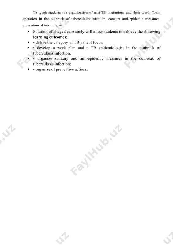 cational institutions (kindergartens, schools, boarding schools), service area in order to verify the work on tb and providing practical assistance; compilation of medical reports on the work carried out during the visits; • identifying the needs of the region (city, country) in hospital and sanatorium beds tuberculosis, anti-tuberculosis drugs in the treatment and prevention of tuberculosis, fluorography and x-ray film, and, together with the state sanitary and epidemiological center, bcg vaccine and tuberculin; • conduct training for the training of medical personnel of tuberculosis in the region (city, country); • collection and analysis of materials for the epidemiology of tuberculosis in the region (city, country); on the basis thereof is for discussion of scientific societies and associations, congresses, conferences, meetings, tb specialists and other doctors prevention, diagnosis and treatment of tuberculosis and the organization to deal with it; • carry out electronic surveillance and maintenance of accounting and reporting documentation; …