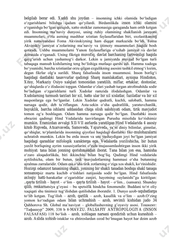 nashadi. boshqa bir mashhur fransuz faylasufi r.dekart (1596–1650) asarlarida inson mohiyati masalasiga nisbatan butunlay o‘zgacha yondashuvga duch kelamiz. u«inson fikrlovchi narsadir», deb hisoblaydi. «inson, u uzoq vaqt o‘ylaganidek, dunyoning statik markazi emas, balki evolyusiyaning o‘ziga va cho‘qqisi bo‘lib, bu ancha go‘zalroqdir», deb qayd etadi atoqli fransuz faylasufi va teologi p.t. de sharden (1881–1955). unga zid o‘laroq, a.shopengauer (1788–1860) 31 beruniy abu rayhon. tanlangan asarlar. 1-jild. – т.: «фан», 1968 y. 16–17-b. 32 ибн сина. данишнамэ. душанбе. 1957 г. с. 59. 33 forobiy. fozil odamlar shahri. –т.: abdulla qodiriy nomidagi nashriyot, 2016 y. 69-b 8-mavzu. falsafiy antropologiya (inson falsafasi) 116 inson nuqsonli mavjudot ekanligini ta’kidlaydi, uni «tabiat xalturasi», deb ataydi. fransuz yozuvchisi va faylasufi j.p.sartr (1905–1980) bu fikrni butunlay rad etadi. uning fikricha, inson kelajakka qarab intiladi va shu tariqa o‘zini o‘zi yaratadi. u «inson – odamzod kelajagidir», deb ta’kidlaydi. shunday qilib, falsafaning ikki yarim ming yillik tarixi mobaynida insonga juda …