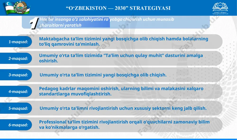 larga yuqori malakali va natijador sportchilarni tayyorlash tizimini takomillashtirish. 37-maqsad: olimpiya va paralimpiya harakatini rivojlantirish. * “o‘zbekiston — 2030” strategiyasi 1 38-maqsad: jamiyatda ijtimoiy-ma’naviy muhit barqarorligini ta’minlash. 39-maqsad: o‘zbek va jahon adabiyoti durdonalarini keng ommalashtirish, jamiyatda kitobxonlikni hamda aholiga axborot-kutubxona xizmatini ko‘rsatishni rivojlantirish. 40-maqsad: zamonaviy teatr va tsirk san’atini har tomonlama rivojlantirish, yuksak badiiy-g‘oyaviy saviyaga ega sahna asarlarini yaratish. 41-maqsad: o‘zbek milliy san’atini targ‘ib qilish orqali mamlakatimizning turistik salohiyatini oshirish. 42-maqsad: madaniy merosni muhofaza qilish, ilmiy o‘rganish va ommalashtirish bilan bog‘liq faoliyatni yanada takomillashtirish. 43-maqsad: madaniyat tashkilotlari faoliyatini rivojlantirish, ularning moddiy-texnika bazasini yaxshilash va soha xodimlarini qo‘llab-quvvatlash, tasviriy va amaliy san’at yo‘nalishlarini rivojlantirish. 44-maqsad: milliy kinematografiyani rivojlantirish. * “o‘zbekiston — 2030” strategiyasi 2 45-maqsad: 2030-yilga qadar iqtisodiyot hajmini 2 barobar oshirish va “daromadi o‘rtachadan yuqori bo‘lgan davlatlar” qatoriga kirish. 46-maqsad: fiskal barqarorlikni ta’minlash va davlat majburiyatlarini samarali boshqarish. 47-maqsad: mahalliy xomashyo bazasidan samarali foydalanish va ilg‘or texnologiyalarga asoslangan sanoatni rivojlantirish. …