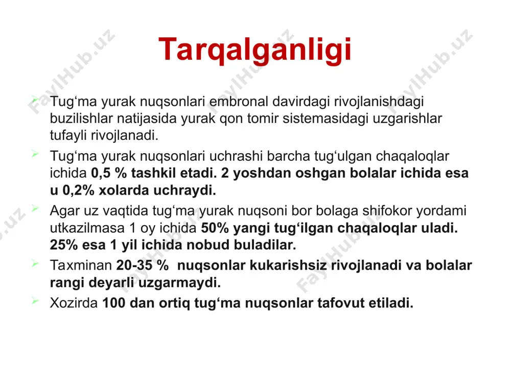giya markazida yurak xirurgiyasi bulimi tashkil qilingan va unga darvin sadыkovich gulyamov raxbarlik qilgan. bulim 2 qisimdan – tug‘ma va ortirilgan yurak nuqsonlari qisimlardan iborat bulgan. o‘zbekistonda yurak xiruriyasiga fundament shu tariqa tashkil topgan. yurak tug‘ma nuksonlari 3 xil guruhi farqlanadi birinchi gurux — yurak ichidagi arterial konni venoz okimiga okishi bilan kuzatiladigan tugma nuksonlar (chapdan o‘nga, birlamchi-ok nuksonlar) — bo‘lmachalar aro tusik nuksoni, korinchalar aro tusik nuksoni, ochik arterial yo‘l, aorta-o‘pka okmasi, bo‘lmachalar aro devor nuksoni mitral stenozi bilan. ikkinchi gurux — yurak ichidagi venoz konni arterial kon okimiga okishi bilan kuzatiladigan nuksonlar (o‘ngdan chapga, birlamchi-ko‘k). bu guruxga — fallo uchligi, tetradasi va pentadasi, uchtabakali kopkokni atreziyasi, magistral tomirlarni transpozitsiyasi kiradi uchinchi gurux — yurak magistral arteriyalarining torayishi bilan kuzatiladigan to‘gma nuksonlar: o‘pka arteriyasining stenozi, aorta stenozi, aorta koarktatsiyasi. tugma nuksonlar fallo tetradasi kukrak bukriligi maxsus tekshiruv usullar exokardiografiya rentgenografiya kt mrt yurak kameralarini zondlash angiokardiografiya tekshirish usullari yurakni …