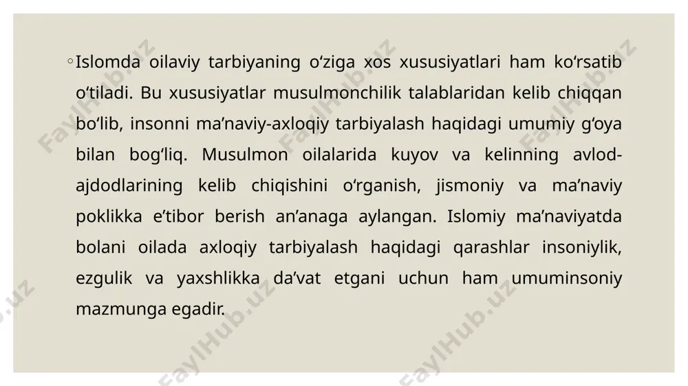 rini singdirishga, yurish-turishga, eyish-ichish, o‘z qilmishi uchun mas`uliyatni sezish, shirinsuxan bo‘lish, yaxshilik, ezgulik kabi axloq qoidalarini egallashiga yordam berishi lozim». abu rayhon beruniy insonning axloqiy fazilatlarini, umuman, axloqiy tushunchalarini insonning tabiati bilan bog‘laydi. inson tabiati esa, avvalo, oilada shakllanadi. shunga ko‘ra bola tarbiyasida ota-ona ta’siri benihoya kattadir. ibn sino oilada bola tarbiyasi ancha murakkab va nozik bo‘lib, uni bolaning yoshligidan boshlab va izchillik bilan olib borish lozimligini uqtiradi. u ona allasining tarbiyaviy ahamiyati haqida to‘xtalib, “alla” ikki vazifani bajaradi, deydi. birinchisi, uni tebratish orqali bolaga jismoniy orom bag‘ishlanadi; ikkinchisi, beshikni bir maromda tebratishdan onaning mehri jo‘sh uradi, bolasiga bo‘lgan muhabbatidan onaning orzu-umidi yurak to‘ridan silqib chiqadi. image2.jpg image3.jpeg image4.jpeg image5.jpeg /docprops/thumbnail.jpeg