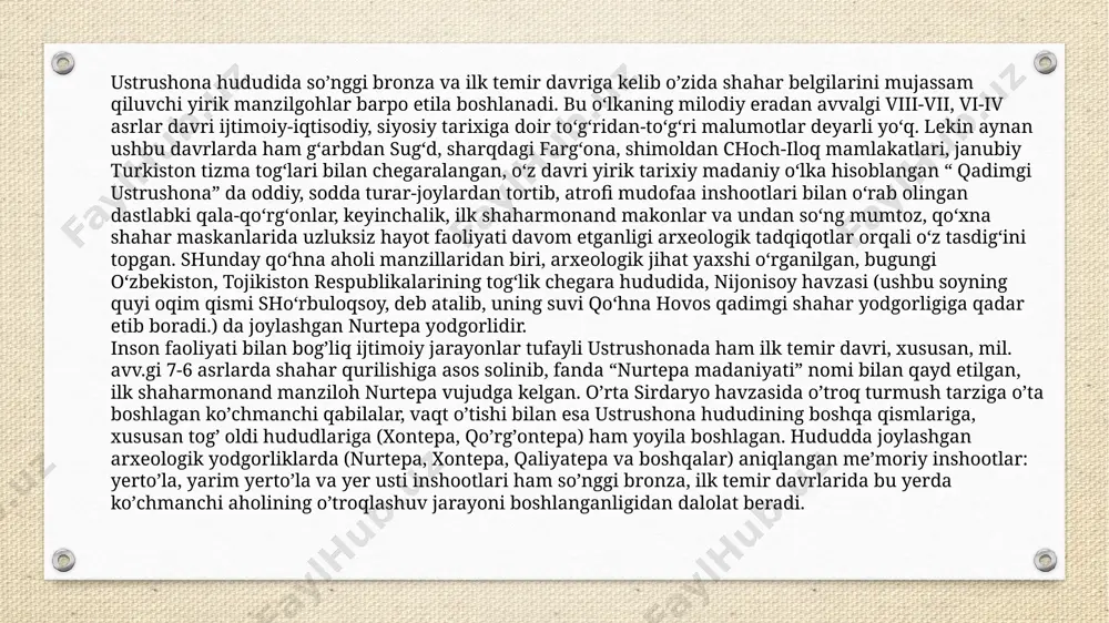 qoʼrgʼontepa) ham yoyila boshlagan. hududda joylashgan arxeologik yodgorliklarda (nurtepa, xontepa, qaliyatepa va boshqalar) aniqlangan meʼmoriy inshootlar: yertoʼla, yarim yertoʼla va yer usti inshootlari ham soʼnggi bronza, ilk temir davrlarida bu yerda koʼchmanchi aholining oʼtroqlashuv jarayoni boshlanganligidan dalolat beradi. аrxeolog olimlarning xulosalariga koʼra, nurtepa qalʼasi axolisi eramizdan avvalgi 1 ming yillik boshlaridanoq dexqonchilik bilan shugʼullanib, oʼtroqlashgan edi. qalʼa qurilishi esa eramizdan avvalgi i ming yillik oʼrtalariga toʼgʼri keladi. bu jarayonni n.negmatov miloddan avvalgi vii asr deb koʼrsatadi. nurtepa shahar yodgorligi, xovotagtepadan janubda, soyning chap qirgʼogʼida joylashgan. yodgorlikda hayot ilk temir davridan miloddan avvalgi soʼnggi asrlarga qadar davom etgan. miloddan avvalgi vi-v asrlarda shahar sifatida shakillanadi. nurtepa shahar xarobasini oʼrganish natijasida, bu yerda istiqomat qilgan axoli yuksak darajada taraqqietgan madaniyat yaratganligi isbotlangan. nurtepa yodgorligining umumiy maydoni 18 ga.ni tashkil qiladi. shaharning tashqi mudofaa inshootlari qurilishida eni 4,25 m, balandligi 1,2-1,5 m boʼlgan tabiiy tepalikdan foydalanilgan. tepalikning ichkari tomonida 2,1 metr enlikda paxsa …