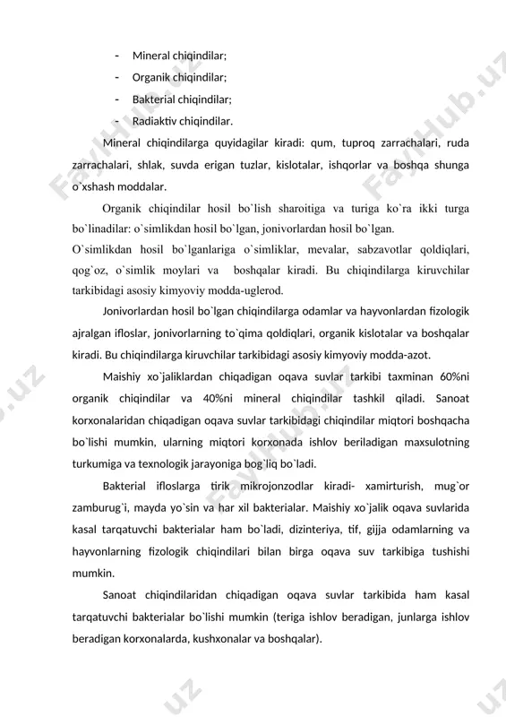 dalar oqava suv tarkibida bo`lakchalarning katta kichikligi - solishtirma og`irligi, hamda oqava suvning oqish tezligiga qarab suvning yuzasida suzib yurishi (yog`, qog`oz, yog`och bo`lakchalari va xakozo), muallaq holatida yoki cho`kma shaklida quvurlarning tubida sudralib oqishi mumkin. oqava suvlardagi aralashmagan moddalar ikki turga bo`linadi: · cho`kadigan; · cho`kmaydigan. cho`kadigan moddalar - 2 soat davomida 0,5 l hajmli kichik bo`lmagan shisha idishda cho`kadigan moddalarga aytiladi. cho`kmaydigan moddalar - 2 soat davomida cho`kmaydigan moddalarga aytildi. aytilgan 2 soat davomida chqkishi ixtiyori olingan, cho`nki moddalar tindirgichlarda 2 soatdan oshmagan vaqt davomida cho`ktiriladi. kolloidli eritmani oqava suvdagi asosan gidrofilli va gidrofabli kolloidlar hosil qiladi. gidrofilli kolloidlar dispertsiyali zarrachalarni suv molekumlari bilan birlashtirish qobiliyatiga egadir, dispertsiyali muhit bo`lib xizmat qiladi. ular asosan organik birikmalardan, katta molekulyar og`irlikka ega bo`lgan uglevod, oqsil, organik moddalari va mikrojonzodlardan tashkil qiladi. gidrofabili kolloidlar dispertsiyali zarrachalarni suv molekulyarlari bilan birlashtirish qobiliyatiga ega emaslar va ularga loy, temir, alyumin oksidlari, kulsizlantirilgan ko`mir …