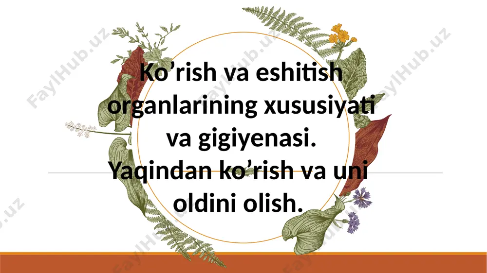 ida hammasi bolib 500.000 retseptorlar bor. yangi togilgan bolalarda taktil sezgisi yaxshi rivojlangan. ularda va kokrak yoshidagi bolalarda ogiz, koz, lab, kaftning ichki yuzasi, oyoq tagi sezgirroq boladi. odamning 35 – 40 yoshida sezgirligi eng yuqori bolib, song kamaya boradi. teridagi temperatura o`zgarishlari ikki xil retseptorlari bilan qabul qilinadi. 6 6 7 8 ta’m bilish analizatori 8 9 hid bilish analizatorlari 9 ko’rish analizatori tashqi dunyodagi narsalarni rangi, shakli haqida tasavvur xosil qilishimizga yordam bеradi. ko’zning bеvosita ta'sirlovchisi yorug’lik bo’lib, yorug’lik ko`z rеtsеptoriga ta'sir etib ko’ruv sеzgisini xosil qiladi. ko’.ruv organi bolaning 11 – 12 yoshigacha rivojlanib boradi. koʻrish analizatorining birinchi qismi toʻr pardada joylashgan. inson koʻzi 380 dan 760 nm gacha boʻlgan uzunlikdagi yorugʻlik nurlarini qabul qiladi. koʻzga tushayotgan yorugʻlik nurlari shox pardadasi, qorachiq orqali oʻtib, gavharda sinib, shishasimon tanadan oʻtib ,toʻr pardada joylashgan kolbasasimon va tayoqchasimon hujayralarga taʼsir etadi. bu hujayralarda yorugʻlik energiyasi nerv qoʻzgʻalishi — impulsga aylanib, …