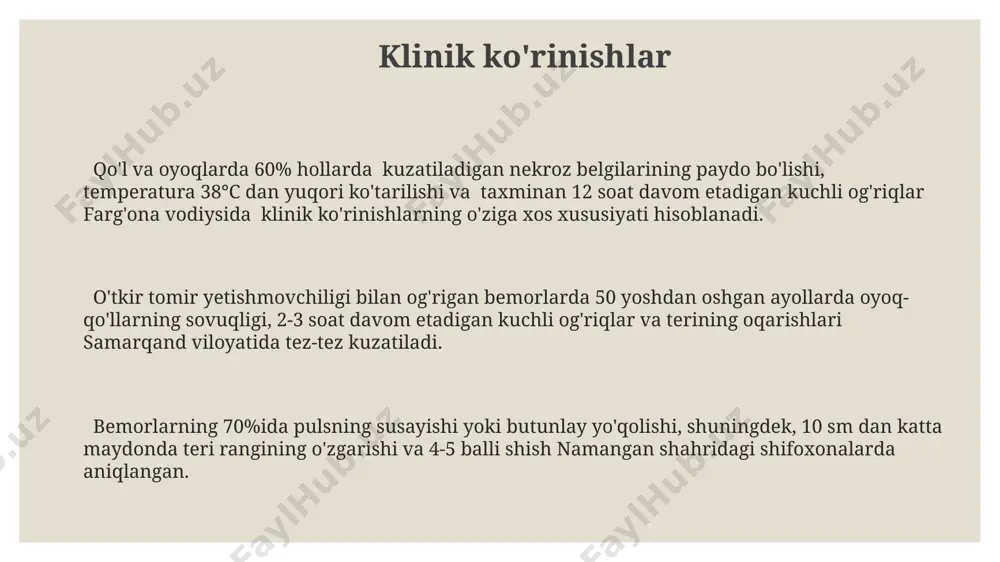 a to'planib, lümenini toraytiradi va qon oqimini buzadi. emboliya, masalan, o'pka arteriyasining emboliyasi, rossiyada va boshqa mamlakatlarda o'limning muhim sababi bo'lib, uning patogenezi qon oqimiga tushadigan zarrachalar, masalan, yog' tomchilarining to'siq hosil qilishi bilan bog'liq. diagnostika аорта аневризмасини аниқлаш учун компьютер томографияси (кт) ангиографияси кўпинча 90% дан ортиқ аниқлик билан натижа беради, бундай текширувлар кўпинча тошкент шаҳридаги йирик клиникаларда амалга оширилади. ангиография, 98% аниқлик билан қон томирларининг торайиши ёки тиқилиб қолишини визуаллаштиришга имкон беради ва бу усул самарқанддаги малакали мутахассислар томонидан бажарилади, бу ерда замонавий ангиограф аппаратлари мавжуд. транскранил доплер ультратовуш текшируви миядаги қон оқимини баҳолашда муҳим аҳамиятга эга бўлиб, 5-10 мгц частотали датчиклардан фойдаланилади ва бу текширувлар натижасида 85% ҳолатда тромбоз аниқланади. asoratlar asoratlar natijasida yurak-qon tomir kasalliklari bilan bog'liq 50 yoshdan oshgan bemorlar orasida o'lim xavfi 2 barobar yuqori. o'zbekistonning ayrim hududlarida, masalan, qashqadaryo viloyatida, 2022-yilgi ma'lumotlarga ko'ra, asoratlardan kelib chiqqan o'lim holatlari 30% ga oshgan. toshkent shahridagi …