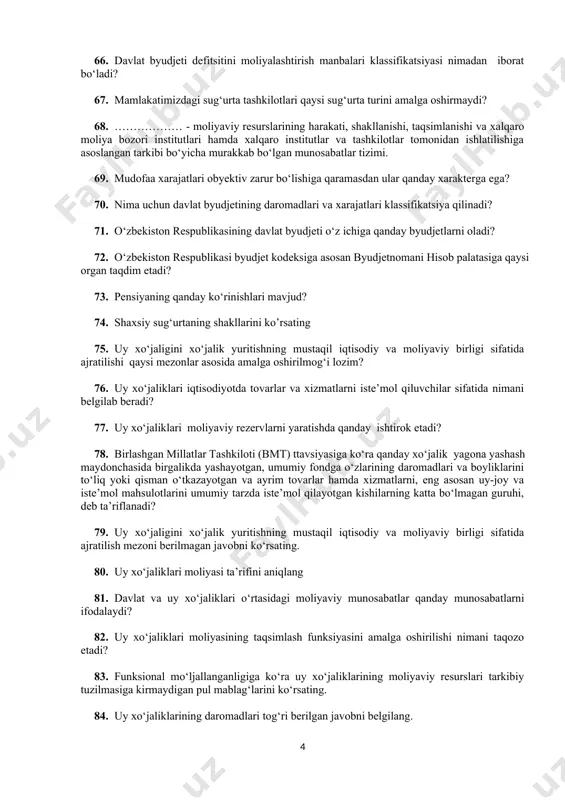 ri iqtisodiyotda tovarlar va xizmatlarni iste’mol qiluvchilar sifatida nimani belgilab beradi? 77. uy xo‘jaliklari moliyaviy rezervlarni yaratishda qanday ishtirok etadi? 78. birlashgan millatlar tashkiloti (bmt) ttavsiyasiga ko‘ra qanday xo‘jalik yagona yashash maydonchasida birgalikda yashayotgan, umumiy fondga o‘zlarining daromadlari va boyliklarini to‘liq yoki qisman o‘tkazayotgan va ayrim tovarlar hamda xizmatlarni, eng asosan uy-joy va iste’mol mahsulotlarini umumiy tarzda iste’mol qilayotgan kishilarning katta bo‘lmagan guruhi, deb ta’riflanadi? 79. uy xo‘jaligini xo‘jalik yuritishning mustaqil iqtisodiy va moliyaviy birligi sifatida ajratilish mezoni berilmagan javobni ko‘rsating. 80. uy xo‘jaliklari moliyasi ta’rifini aniqlang 81. davlat va uy xo‘jaliklari o‘rtasidagi moliyaviy munosabatlar qanday munosabatlarni ifodalaydi? 82. uy xo‘jaliklari moliyasining taqsimlash funksiyasini amalga oshirilishi nimani taqozo etadi? 83. funksional mo‘ljallanganligiga ko‘ra uy xo‘jaliklarining moliyaviy resurslari tarkibiy tuzilmasiga kirmaydigan pul mablag‘larini ko‘rsating. 84. uy xo‘jaliklarining daromadlari tog‘ri berilgan javobni belgilang. 85. qanday daromadlar uy xo‘jaligining nominal daromadlari deyiladi? 86. qanday daromadlar uy xo‘jaliklarining real ega bo‘lingan daromadi deyiladi? 87. …