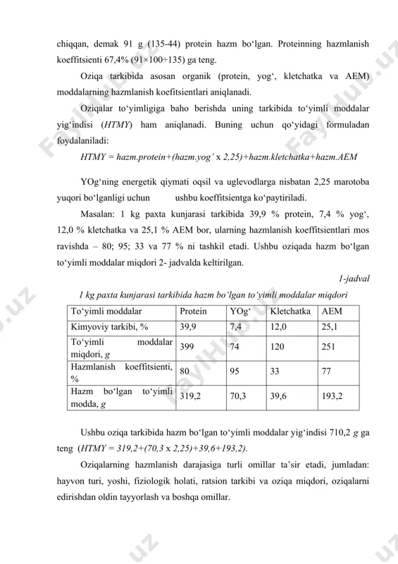 darajasi yuqori bo‘lishi uchun ayrim moddalarning nisbatini ham hisobga olish lozim, jumladan protein nisbati. bu ko‘rsatkich oziqalarning hazm bo‘lishiga katta ta’sir ko‘rsatadi. protein nisbati deb – ratsion tarkibidagi hazm bo‘lgan azotsiz moddalarning hazm bo‘lgan azotli moddalar nisbatiga aytiladi. protein nisbati quyidagi formula bilan aniqlanadi: ; bunda: pn – protein nisbati; h.y – hazm bo‘lgan yog‘, g; h.kl – hazm bo‘lgan kletchatka, g; h.aem - hazm bo‘lgan aem, g; h.pr – hazm bo‘lgan protein, g. protein nisbati uch hil bo‘ladi, agar bir qism hazm bo‘lgan proteinga 8 va undan ziyod qism hazm bo‘lgan azotsiz moddalar to‘g‘ri kelsa ushbu nisban katta, agar 6-8 bo‘lsa - o‘rta, agar - 6 va undan kam bo‘lsa bu kichik nisbat deyiladi. kavsh qaytaruvchi hayvonlar ratsionida ushbu ko‘rsatkich 8-10 nisbatda bo‘lishi katta qorinda hazmlanish jarayonida ishtirok etadigan mikroorganizmlarning ko‘payishiga ijobiy ta’sir etadi va iste’mol qilingan oziqalarning hazmlanish darajasining yuqori bo‘lishini ta’minlashda yordam beradi. oziqalarning hazm bo‘lishi maxsus …