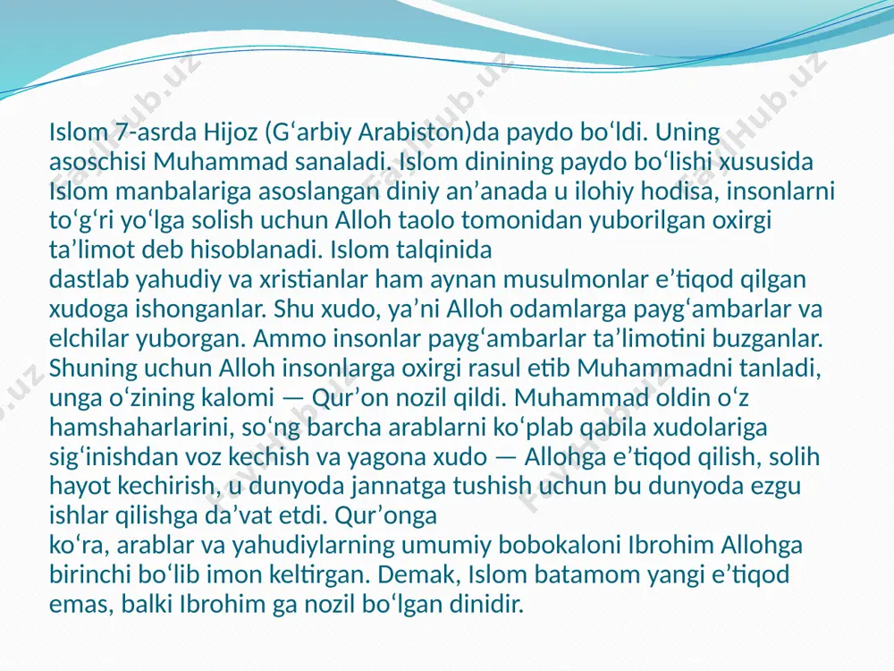 a turli fikrlar yoʻl qoʻyilgani bilan ajralib turadi. islomdagi yoʻnalishlar, mazhablar va firqalar ana shu davrda paydo boʻldi. muqaddas qur’oni karim va uning islom dinidagi o’rni. har qanday e’tiqod va uning ta’limoti ma’lum bir manbalarga tayanadi. islom dinida asosiy diniy kitob hisoblangan «muqaddas qur’oni karim» ham ilohiy so’zlardan iborat deb muqaddaslashtirilgan, uning mazmuni esa osmondan xudo tomonidan yuborilgan ko’rsatmalardan iborat deb ishonish musulmonlar oldiga qo’yilgan asosiy e’tiqod talablaridan biri sifatida ilgari suriladi va shunday ham. «qur’on» so’zi arabcha «qara’a»-o’qimoq bo’lib (ya’ni qiroat bilan ovoz chiqarib), «o’quv» yoki «o’qish» mazmunini beradi. qur’on matnlari katta kitob qilib to’plangandan keyin ham o’zining og’zaki ijodiga xos xususiyatlarini saqlab qolganligini batafsil kuzatish mumkin. dunyodagi barcha islomshunos (dinshunos) buyuk olimlarning fikriga ko’ra, qur’on jahon taraqqiyoti va madaniy merosiga buyuk hissasini qo’shib kelmoqda. qur’onning tabiiy ilmlar rivojiga turtki bo’lgani ham to’g’ri. ya’ni, mavjudotning mohiyatiga oid holatlarni oladigan bo’lsak, qur’ondagi: «va min qo’lli shay’in halaqno zavjayn» (har bir …