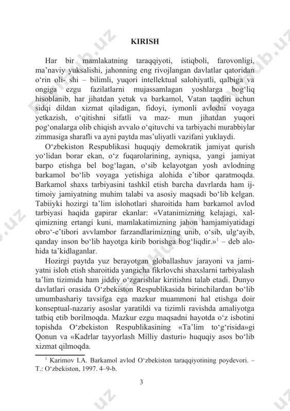 gari surish va hal etishga qodir kadrlarning yangi avlodini shakllantirishga yo‘naltirilgandir2. o‘zbekiston respublikasi ta’lim tizimining birinchi – maktab- gacha ta’lim rivojining zamonaviy bosqichi qator o‘zgarishlar bilan tavsiflanadi: maktabgacha ta’lim ochiq turdagi ta’lim muassasasi si- fatida shakllandi; maktabgacha ta’lim muassasalarining eng muhim funksiyasi bolalarning hayotiy faoliyatini muhofaza qilish va salo- matligini mustahkamlash; tarbiyalanuvchilarni maktab ta’limiga muvafaqqiyatli tayyorlash va boshqalar. shuningdek, bugungi kunda respublikamizda xilma-xil (yasli, bolalar bog‘chasi, bolalar bog‘chasi-boshlang‘ich maktab, davlatga qarashli va xususiy) turdagi maktabgacha ta’lim muassasalari ham faoliyat yuritmoqda. mustaqillik yillarida respublikada milliy ta’lim va tarbiya tizimi davlat siyosatining asosiy ustuvor yo‘nalishi darajasiga ko‘tarildi. o‘zbekiston respublikasining birinchi prezidenti islom karimovning bevosita rahbarligida ishlab chiqilgan va jahon hamjamiyati tomoni- dan keng e’tirof etilgan kadrlar tayyorlash milliy dasturining muvaf- faqiyatli joriy etilishi natijasida mamlakatda noyob uzluksiz ta’lim tizimi barpo etildi. maktabgacha ta’lim sohasi mazkur tizimning ilk bo‘g‘ini hisob- lanadi va butun ta’lim-tarbiya tizimining asosiy maqsadi bo‘lgan · barkamol avlodni tarbiyalashga erishishda …