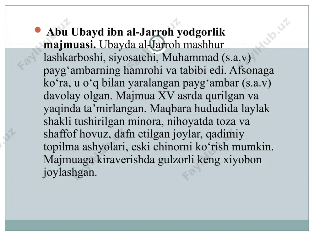 ‘k-gumbaz masjidi. qarshi jome masjidi xvi asr oxirida qurilgan. bino o‘zining ulug‘vorligi va go‘zalligi bilan hayratda qoldiradi, o‘sha davr odamlari bunday go‘zallikni qanday qilib qurishga muvaffaq bo‘lganligining o‘zi juda ham hayratlanarli. qilichboy madrasasi. bino 1914-yilda qurilgan bo‘lib, tashqi ko‘rinishi xo‘ja abdulaziz madrasasiga juda o‘xshaydi. madrasadagi 12 ta o‘quv xonalari birinchi va ikkinchi qavatlarda joylashgan. hovli ichida tashnov - kanalizatsiya ham mavjud bo‘lgan. pishirilgan g‘ishtdan qurilgan mustahkam devorlar ta’sirchan, uzoqdan e’tiborni tortadi. hozirda madrasada muzey faoliyati yo‘lga qo‘yilgan. qilichboy madrasasi oʻzining koʻrinishi bilan xoʻja abdul aziz madrasasidan farq qilmaydi. madrasaning birinchi va ikkinchi qavatida hujralar, asosiy sahn qismida keng aylana shaklida peshtoq ancha salobatli, baland binoga ishlatilgan gʻishtlar oʻta pishiq. shu boisdan uzoqdan chiroyli koʻrinadi. “xayr-saxovatli shaxanshoh kamron (baxtli) podshoh sayyid olimxon zamonida nasaf shahrida bir buq’a (ya’ni xayriya imorati) hotam sifat qilichboyning sa’yi-harakatlari bilan qurildi. xijriy yil hisobiga uning tarixini (qalam) shunday deb yozdi: “bud buq’ai xayr va dorulamon” (ya’ni …