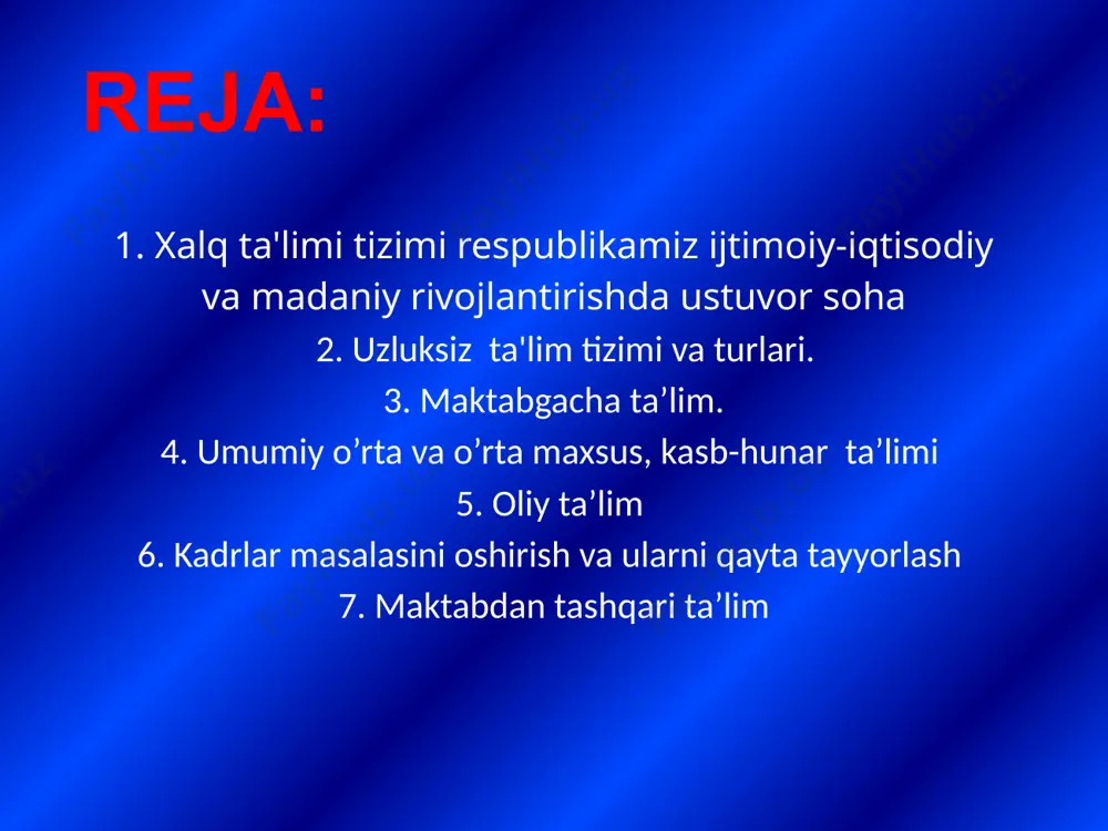 nihoyat, o'zbekiston respublikasining „ta'lim to'g'risida"gi qo-nuni ta'iim tizimining yangilanishiga sabab bo'ldi. oldingi qabul qilingan qonunlardan farqli o'laroq, xalq ta'limi tizimi tuzilishida bir qancha yangi qoidalar joriy etildi va bajarilishi majburiy, deb qayd qilindi. uzluksiz ta’lim uzluksiz ta'lim kadrlar tayyorlash tizimining asosi, o'zbekiston respublikasining ijtimoiy-iqtisodiy taraqqiyotini ta'min-lovchi, shaxs, jamiyat va davlatning iqtisodiy, ijtimoiy, ilmiy-texnikaviy va madaniy ehtiyojlarini qondiruvchi ustuvor sohadir. uzluksiz ta'lim ijodkor, ijtimoiy faol, ma'naviy boy shaxs shakllanishi va yuqori malakali raqobatbardosh kadrlar xam tayyorlanishi uchun zarur shart-sharoitlar yaratadi. uzluksiz ta'limning faoliyat ko'rsatish prinsiplari ta'limning ustuvoriigi — uning rivojlanishining birinchi darajali ahamiyatga ega ekanligi, bilim, ta'lim va yuksak intellektning nufuzi; ta'limning demokratlashuvi — ta'lim va tarbiya uslublarini tanlashda o'quv yurtlari mustaqilligining kengayishi, ta'limni boshqarishning davlat-jamiyat tizimiga o'tilishi; ta'limning insonparvarlashuvi — inson qobiliyatlarining ochi-lishi va uning ta'limiga nisbatan bo'lgan turli-tuman ehtiyojlarining qondirilishi, milliy va umumbashariy qadriyatlar ustuvorligining a'minlanishi, inson, jamiyat va atrof-muhit o'zaro munosabat-larining uyg'unlashuvi; ta'limning ijtimoiylashuvi — ta'lim oluvchilarda estetik …