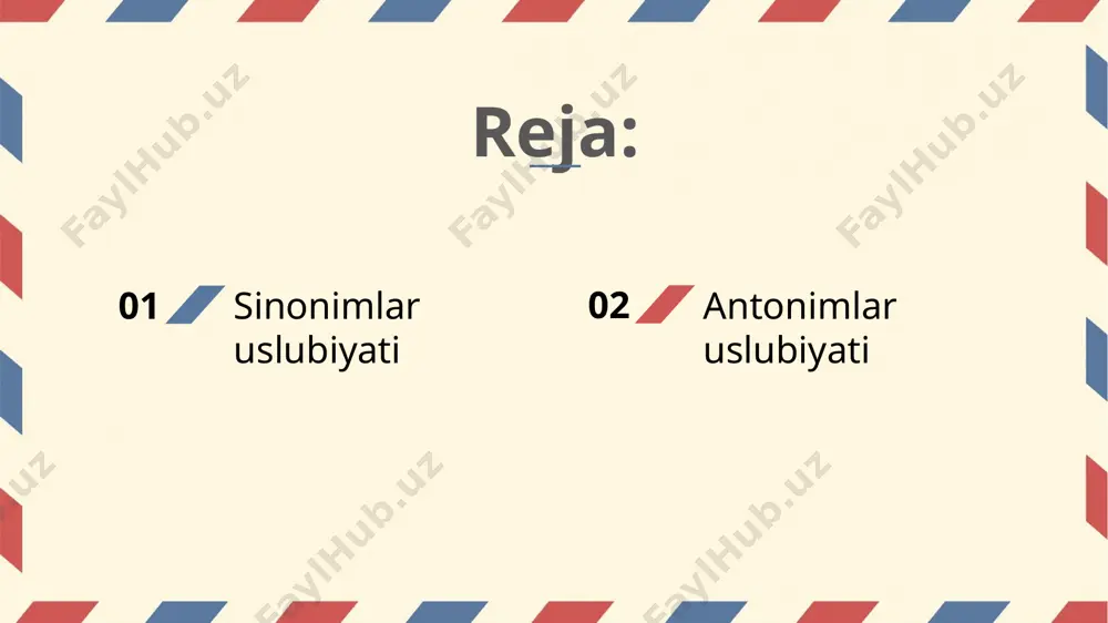 slubiyati sinonimlar turli uslublarda har xil ishlatiladi: rasmiy uslubda: tilshunos – filolog ilmiy uslubda: organizm – tirik jism badiiy uslubda: moviy – osmon rang – ko‘k mashqlar 1-mashq: sinonimlarni toping quyidagi so‘zlarga sinonim bo‘ladigan so‘zlarni yozing. baxt – ________, ________, ________. asta – ________, ________, ________. chiroyli – ________, ________, ________. do‘st – ________, ________, ________. yozuvchi – ________, ________, ________. 2-mashq: antonimlarni toping quyidagi so‘zlarga qarama-qarshi ma’nodagi (antonim) so‘zlarni yozing. yorug‘ – ________. issiq – ________. toza – ________. katta – ________. qattiq – ________. xulosa sinonim va antonimlar tilning boyligini ifodalaydi va matn uslubiga ta’sir qiladi. ularni to‘g‘ri ishlatish nutqning ta’sirchanligini oshiradi. sinonimlar so‘zning rang-barangligini oshirsa, antonimlar fikrni keskin ifodalashga yordam beradi. e’tiboringiz uchun rahmat! image1.jpeg image2.png image3.jpeg image4.jpeg image5.jpeg image6.png image7.png image8.png image9.jpeg image10.jpeg image11.jpeg image12.jpeg /docprops/thumbnail.jpeg