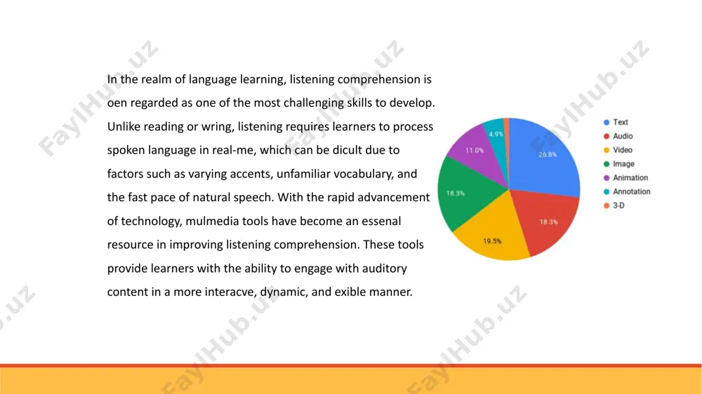 ion, infer meaning from context, or identify key details in a conversation. for example, learners may be tasked with identifying the main ideas in a podcast episode, noting down key facts from a news clip, or summarizing a video interview. conclusion in conclusion, multimedia tools have a profound impact on listening comprehension by offering learners access to diverse and authentic listening material, enhancing engagement, supporting autonomy, and providing personalized feedback. these tools create dynamic, interactive learning environments that cater to the needs of modern language learners, allowing them to practice listening in real-world contexts and develop strategies for understanding spoken language more effectively. as technology continues to evolve, multimedia tools will likely play an even more significant role in language education, providing learners with even more opportunities to strengthen their listening skills. thank you for your attention image2.jpeg image3.png /docprops/thumbnail.jpeg
