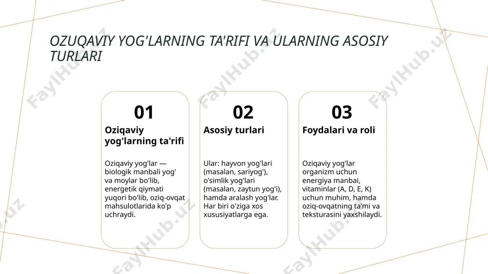 sifat standartlari sanitariya-texnik talablarga javob berishni ta'minlab, oziq-ovqatning zararli mikroblardan himoyalanishini va sog'liq uchun xavfini kamaytiradi. 3 sifatni nazorat qilish sifat nazorati va laboratoriya tekshiruvlari yordamida mahsulotlarning doimiy sifatli va xavfsizligini ta'minlaydi, ishlab chiqarish jarayonlarini optimallashtiradi. yog'-moy ishlab chiqarish jarayonlarining asosiy bosqichlari va ularning nazorati 1 mahalliy va xavfsiz yog'-moy ishlab chiqarish yog'-moy ishlab chiqarish bosqichlari sanitariya va gigiena talablari asosida amalga oshiriladi, bu oziq-ovqat xavfsizligini ta'minlash uchun muhimdir. 2 sifat nazorati va tekshiruvlar har bir ishlab chiqarish bosqichida laboratoriya tekshiruvlari va sifat nazorati amalga oshiriladi, bu yog'-moylarning sifat va xavfsizlik standartlariga javob berishini ta'minlaydi. 3 zamonaviy texnologiyalar va usullar yangi texnologiyalar yordamida yog'-moy ishlab chiqarishni optimallashtirish, energiya tejash va sifatni oshirish uchun innovatsion usullar tatbiq etiladi. yog' va moylarning sifatini belgilovchi standartlar va ularning muhimligi 1 sifat standartlarining ahamiyati yog' va moylarning sifat standartlari mahsulot xavfsizligini ta'minlash va iste'molchilarning sog'lig'ini himoya qilish uchun muhimdir. 2 xalqaro va milliy talablarga …