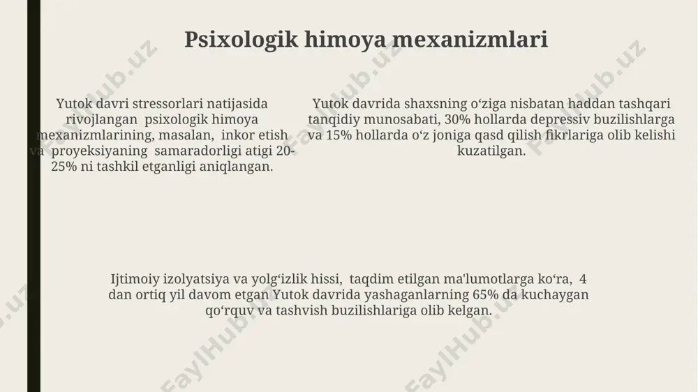 vi bilan ajralib turadi, bu davrda qarama-qarshiliklar, emotsional beqarorlik va 15-16 yoshda intensiv o'zgarishlar kuzatiladi. bolalik davrida, taxminan 7-10 yosh oralig'ida, o'ziga xos "men-tushunchasi" shakllanadi, bu esa o'z-o'zini baholash va ijtimoiy munosabatlarning rivojlanishiga ta'sir qiladi. davrning psixologik portretlari ruhiy stress va tashvish darajasi, qurg'oqchilik va ocharchilik kabi omillar tufayli 35% ga ko'tarilgan, bu esa passiv agressiv xulq-atvor ko'rsatkichlarining oshishiga olib kelgan. o'rtacha umr ko'rish davomiyligi 40 yil atrofida bo'lib, bu o'lim qo'rquvi va o'limga tayyorgarlik bilan bog'liq bo'lgan ekzistensial psixologik xususiyatlarning yuqori darajasiga olib kelgan. o'rtacha umr ko'rish davomiyligi 40 yil atrofida bo'lib, bu o'lim qo'rquvi va o'limga tayyorgarlik bilan bog'liq bo'lgan ekzistensial psixologik xususiyatlarning yuqori darajasiga olib kelgan. yutok davri insonining emotsional dunyosi yutok davri insonining taqvodorlik va diniy qadriyatlarga asoslangan emotsional munosabatlari, 70% ga yaqin diniy marosimlar va an'analarga bog'liq bo'lgan ruhiy osoyishtalikni ta'minlashga qaratilgan edi. o‘rta asr adabiyoti va miniatyuralarida aks etgan his-tuyg‘ular tahlili, yutok davri insonining …