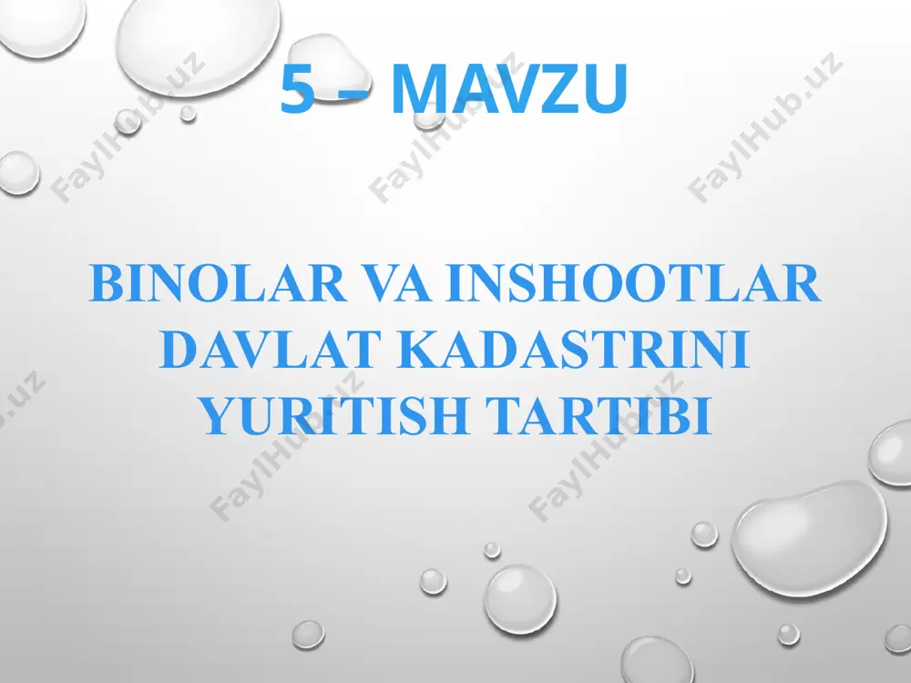 ova suv tizimi 13.3. elektr energiya ta’minoti 13.4. gaz ta’minoti 13.5. issiqlik ta’minoti 14. binoning qavatliligi 15. obyekt joylashgan qavat 16. binoning balandligi, m 17. maydon , kv.m 17.1. qurilish osti 17.2. umumiy 17.3. ishlab chiqarish 17.4. foydali yashash 18. qurilgan yili 19. bino va inshootga bo‘lgan huquqni tasdiqlovchi hujjatlar 20. kadastr qiymati, 20___ y. holatiga ming so‘m 21. bitim (shartnoma) da ko‘rsatilgan qiymati, 20___ y. holatiga ming so‘m* 22. maxsus inshootlar to‘g‘risidagi ma’lumotlar 23. kadastr ma’lumotlarini shakllantirgan subyekt (tadbirkorlik subyekti — yuridik shaxsning nomi yoki jismoniy shaxsning familiyasi, ismi va otasining ismi; davlat kadastrlari filiali nomi) * ma’lumot mavjud bo‘lganda kiritiladi. binolar va inshootlarning qiymati, ulardan foydalanish xususiyatlari, ushbu obyektlarning ishlab chiqarishdagi maqsadlari va boshqa ma’lumotlar binolar va inshootlar xo‘jalik maqomining asosini tashkil etadi. binolar va inshootlarning yer tuzish sxemalariga, aholi punktlarining bosh rejalariga, qishloq va mahalla fuqarolari yig‘inlari hududlarini me’moriy rejalashtirishni tashkil etish loyihalariga va boshqa shaharsozlik hujjatlariga, …