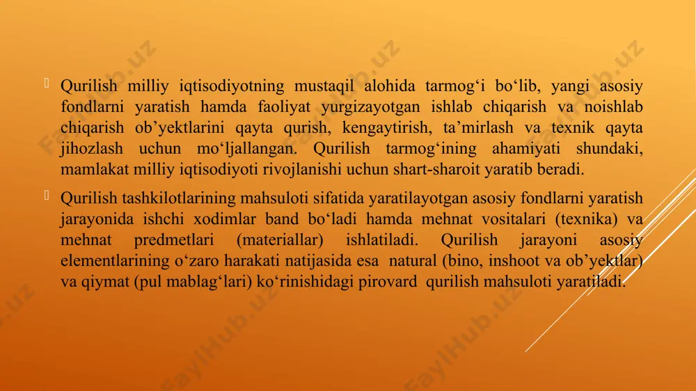 elektr uzatish liniyalari va boshqalar o‘tkaziladi. ushbu ishlar o‘ziga xos xususiyatlarga ega bo‘lgan tashkiliy va qo‘shimcha xarjatlarni talab qiladi. shu bilan birgalikda qurilish muddatining uzoq davomiyligi xo‘jalik faoliyatidagi aylanma mablag‘larni tugallanmagan qurilishga sarflanishiga olib keladi. qurilishning me’yordan ortiq davom etishi va keyinchalik texnologik jarayonning takomillashuvi yangi texnika va texnologiyalarni hisobga olgan holda qurilishning borishi to‘g‘risida oldin qabul qilingan qarorlarni qayta ko‘rib chiqishga olib keladi. 3) qurilish-montaj ishlari murakkabligi va turlari bo‘yicha ular o‘rtasidagi nisbatning noturg‘unligi. 4) pirovard qurilish mahsulotini yaratishda turli tashkilotlarning qatnashuvi. sanoatda kooperatsiyaning istalgan darajasida pirovard mahsulotni bitta bajaruvchi ishlab chiqaradi va sotadi. ob’yektlar qurilishida esa bir vaqtning o‘zida bir necha qurilish-montaj tashkilotlari qatnashadi (bosh pudratchi, subpudratchilar). ushbu tashkilotlarning har biri qurilish mahsulotining ma‘lum bir qismlarini bajaradi. qurilish milliy iqtisodiyotning barcha tarmoqlari, ayniqsa sanoat bilan chambarchas bog‘langan. qurilish hajmining oshishi, bir tomondan uni texnik va texnologik jihatdan ta‘minlovchi sanoat tarmoqlari rivojlanishiga, ikkinchi tomondan esa milliy iqtisodiyotning boshqa tarmoqlari …