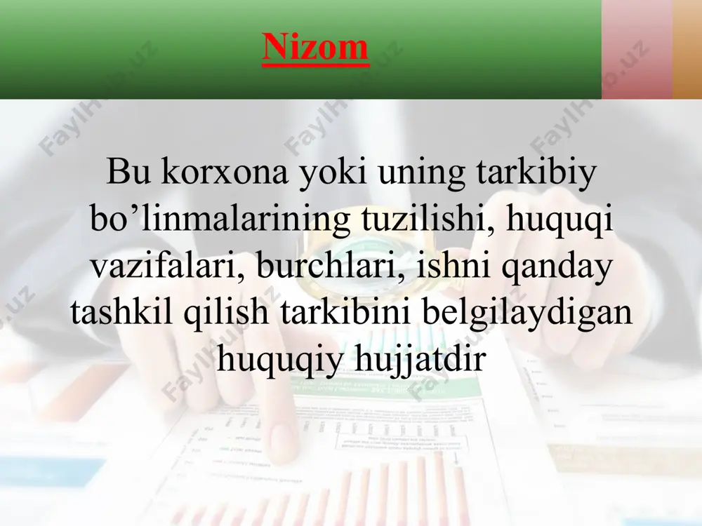 t safari guvohnomasi xodimga safar vaqtida yuklatilgan xizmat vazifasini bajarishga vakolat beruvchi hujjat. guvohnoma maxsus blankada rasmiylashtriladi va xodim qo‘liga topshiriladi. uning zaruriy qismlari yuqorida keltiriigan tarkibiy qismda bir oz farq qiladi.xizmat safari guvohnomasi moliyaviy hujjat bo’lgani uchun u to'g'ri rasmiylashtirilishi kerak. unda barcha imzo va muhrlaming bo'lishi alohida ahamiyatga ega. bundan tashqari turli malaka oshirish muassasalarida ta'lim olgan shaxslarga tegishli guvohnoma hisoblanadi. bunday guvohnomalarda amal qilish muddati ko'rsatilmaydi. guvohnomada berilgan sana va mansabdor shaxslar imzosigina bo'ladi. yo‘riqnomaning asosiy zaruriy qismlari 1. eng yuqorida tasdiqlash ustxati. 2. hujjatning sarlavhasi, (yo‘riqnomaning nomi). 3. matnning kirish qismi, bo'limlari, kichik bo'limlari va h.k. 4. yo‘riqnoma tuzuvchining lavozimi, ismi, ota ismi va familiyasi, uning imzosi. 5. yo'riqnoma tuzilgan vaqt sanasining va tartib raqami, shartli raqami indeksi ustav muayyan munosabat doirasidagi faoliyat yoki biror davlat organi, muassasaning tuzilishini yo‘naltirib turadigan asosiy nizom va qoidalar majmuyi. ustav biror organ yoki muassasa vazifalari va huquqiy holatini tavsiflaydigan …