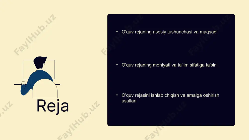 lim uchun reja tuzishda ularning qiziqishlari va ehtiyojlarini hisobga olish zarur. to'g'ri reja ta'lim muassasasining umumiy sifatini oshirishga yordam beradi. o'quv rejaning mohiyati o'quv rejaning mohiyati - ta'lim jarayonida maqsadlar, mazmun va metodlarning muhim bog'liqligini anglatadi. bu reja ta'lim sifatini oshirishda muhim rol o'ynaydi. asosiy komponentlar: maqsadlar, mazmun va metodlar, shuningdek, baholash mezonlari ta'lim muvaffaqiyatini o'lchashda yordam beradi. photo by martin adams on unsplash o'quv rejasini ishlab chiqish jarayoni o'quv rejasini ishlab chiqish bosqichlari: talablar tahlili, maqsadlar va vazifalarni belgilash, resurslarni aniqlash. reja amalga oshirilayotganda o'qituvchilar va mutaxassislarning ishtiroki muhim. o'quv jarayonini monitoring qilish natijalarni baholash uchun zarur. baholash va takomillashtirish jarayonida natijalar tahlil qilinadi, takliflar va o'zgarishlar kiritiladi, reja yangilanadi va rivojlanadi. photo by curated lifestyle on unsplash 1 2 3 o'quv rejasini amalga oshirishda muhim omillar o'quv rejasini muvaffaqiyatli amalga oshirish uchun o'qituvchilarning malakasi, infratuzilma, motivatsiya, texnologiyalar va doimiy takomillashtirish muhim. zamonaviy texnologiyalar, interaktiv metodlar va hamkorlik jarayonini …