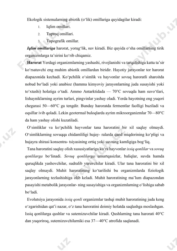 a haroratini doimiy holatda saqlashga moslashgan. issiq qonlilarga qushlar va sutemizuvchilar kiradi. qushlarning tana harorati 40°c dan yuqoriroq, sutemizuvchilarniki esa 37—40°c atrofida saqlanadi. tana haroratining doimiy saqlanishi ikki xil mexanizm asosida amalga oshadi. kimyoviy mexanizm oksidlanish-qayta- ri lish reaksiyalarining jadalligiga bog‘liq bo‘lib, markaziy nerv sistemasi tomonidan reflektor usulda idora qilinadi. tana haroratini bir xil saqlashda to‘rt kamerali yurakning paydo bo‘lishi, nafas sistemasining takomillashishi ham katta ahamiyatga ega bo‘lgan. issiqlikni o‘zgartirmay saqlashning fizik mexanizmlari qalin jun, patlar, teri osti yog‘ kletchatkasi, teri bezlarining paydo bo‘lishiga, qon aylanishining nerv sistemasi orqa idora qilish mexanizmlarining paydo bo‘lishiga bog‘liqdir. hayvonlarning tashqi muhit harorati o‘zgarishiga moslanish mexanizmlaridan biri migratsiya, ya’ni qulay haroratli joylarga ko‘chib o‘tishidir. kitlar, ba’zi qushlar, baliqiar, hasharotlar va boshqa hayvonlar yil davomida migratsiya qiladi. sovuq qonlilarning ayrim turlari harorat pasayganda yoki keskin ko‘tarilganda karaxt bo‘lib qoladi. issiq qonlilarning ayrim vakillari oziq yetishmasa yoki muhit harorati pasaysa, uyquga ketadi (ayiqlar, bo‘rsiqlar). bunda moddalar …
