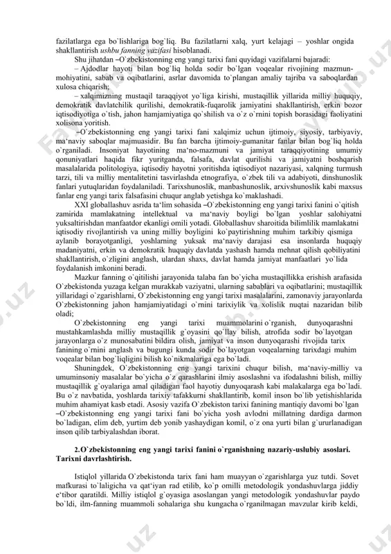 utashgan eng qaynoq chorrahalaridan biri sifatida butun insoniyat tarixining shakllanishiga ma‘lum darajada ta‘sir etib bordi. shu bilan birga, ajdodlarimiz hayotida boshqa xalqlar sivilizatsiyasining ham ta‘siri bo`ldi. xalqimizning davlatchilik tajribasi ham boy va qadimiy. o`zbekiston hududida dastlabki mustaqil davlat tuzilmalari bundan salkam 3000 yil muqaddam (mil.avv. 1 ming yillik boshlarida) paydo bo`lib, o`tgan ming yilliklar davomida takomillashib, dunyo davlatchiligi rivojiga munosib hissa qo`shib keldi. bugungi mustaqil o`zbekiston davlati xalqimizning ming yillik davlatchiligining tarixiy vorisi – davomchisidir. o`zbekistonnning eng yangi tarixi fani anashu mustaqil o`zbekiston davlatining zarvorli tarixini o`rganuvchi fandir. mamlakatimizning 1991 yildan keyingi mustaqillik davri xalqimiz qadimiy tarixining uzviy va tadrijiy qismi hisoblanadi. chunki aynan shu tarixiy sanadan o`zbek xalqining davlatchilik tarixi yangi bir bosqichga kirdi. o`zbekistonning eng yangi tarixi deb ataladigan mazkur davr vatanimiz tarixiga tub ijtimoiy-siyosiy va ma‘naviy-madaniy o`zgarishlar, asriy orzularimizning ro`yobi, buyuk kelajak va farovonlik jamiyatini qurish davri bo`lib kirdi. hayotimiz va tafakkurimizda ro`y berayotgan o`zgarishlarni tahlil qilish, …