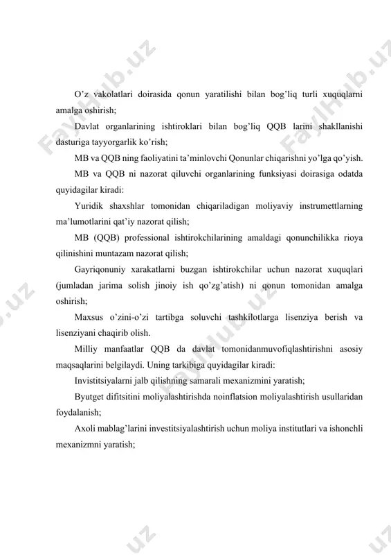 ivojiga ko’maklashish; standart qoidalarni va fond amallarni bajarishning samarali tajribasini joriy etish; iinvestorlarning manfaatlarini ximoyalash maqsadida tijorat etikasining yuqori darajasini va savdoning adolatli tamoyillarini ta’minlash; fdma a’zolarining qimmatli qog’ozlar bo’yicha qonunlariga rioya qilishlarining nazoratini ta’minlash; fond bozori faoliyati bilan bog’liq muammolarni hal qilishda fdma a’zolarining hukumat va ularning organlari bilan aloqalarini kengaytirish; qimmatli qog’ozlarning nobirjaviy savdosi tizimini rivojlantirish; fdma ichki intizomini mustahkamlash; fdma a’zolari o’rtasida yuzaga keladigan tortishuv va ixtilof holatlarini ahal qilish. mb va qqb ning professional ishtirokchilarining samarali faoliyati quyidagilarga asoslanib belgilanishi kerak: ishtirokchilar nazorat mexanizmi va zaruriy xuquqlarning qaysilari amaliyot uchun kerakligini yaxshi bilishlari kerak; ular o’zlarining faoliyati nazoratini moliyalashtirishlari darkor; ular qonunbuzarlikni aniqlash imkoniyatiga ega bo’lishlari zarur; ular xamkasblar tomonidan yuqori etika normalariga amal qilishdan manfaatdor bo’lishlari kerak. jahon tajribasidan kelib chiqib, qqb ni boshqarish moliya vazirligi, davlat banki yoki boshqa davlat organlariga yuklatilishi mumkin. aqsh qimmatli qog’ozlarni boshqarish kongress qoshidagi qimmatli qog’ozlar va birjalar kompaniyasiga …