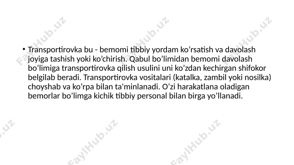 karovatlar bo'lib, bu esa bemorlami kerakli holatlarda yotqizishni ta’minlaydi (masalan, yarim o’tirgan holat va boshqalar). funktsional karovat panellardan iborat romlardan tuzilgan, ikki elkali, ikkita yon panjara, karovat ustiga qo’yiladigan stolcha va savatchadan tashkil topgan. karovat panellari uch bo’limdan iborat bo’lib, ya’ni bosh, tos-son va oyoq qismlardan tashkil topgan gigiyenik vannalar. gigienaning asosiy vositalaridan biri hisoblanadi. statsionarda 1 yoshdan katta bo’lgan bolalami 7-10 kunda bir marta, 1 yoshli bolalami esa (cho’miltirish ta’qiqlanmagan bo’lsa) har kuni cho’miltiriladi. vanna joylashtirilgan xona toza, yorug’, keng va issiq (25°s) bo’lishi kerak. vanna xonasini fortochkasi ochib qo’yilmasligi,eshik bilan oyna orasida elvizak bo’lmasligiga, har bir vanna chetida yog’och doska suyang’ich, sochiq va bolani tagiga to’shaladigan bir marta ishlatiladigan choyshab ilinadigan ilgich bo’lishiga e'tibor qaratiladi gigiyenik vanna o’tkazishga qarshi ko’rsatmalar: gipertermiya, og’ir xolatlar, teri kasalliklarida mumkin emas. qon aylanishiga ta 'sir qiluvchi muolajalar: umumiy va maxalliy qon aylanishiga tasir qiluvchi muolajalar: issiq muolajalarga — vanna, issiq kampres, plasterlar, …