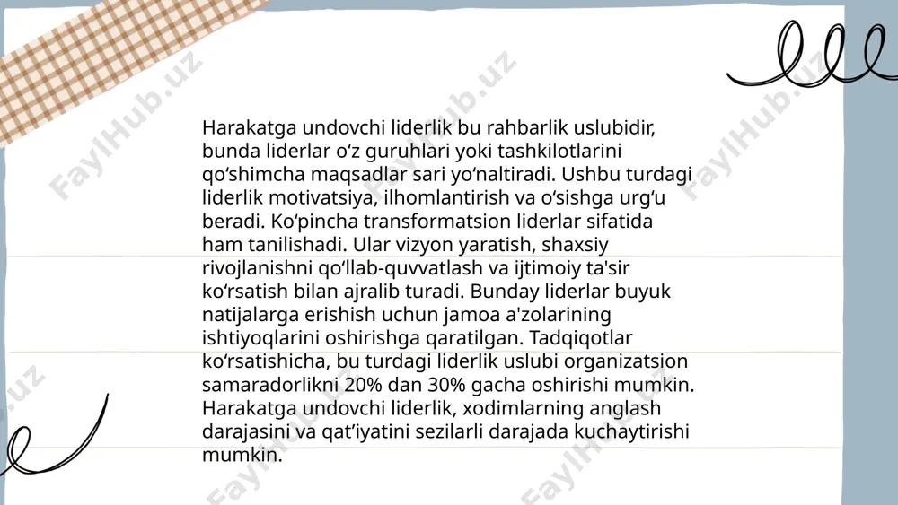ari asosida qarorlar qabul qilish jarayonlari to'g'rilanishi va 50% gacha samarali resurs taqsimlash imkoniyatini yaratadi. liderlik tahlili diagnostik testlar va suhbatlar orqali amalga oshiriladi, buning natijasida tashkilot 30% gacha samarali ishlash imkoniyatini qo'lga kiritadi. kauchingda liderlik va jamoani boshqarish talaba: xolmatova xurshida guruh: adu ap-404 fan: shaxs psixologiyasi va kauching profiling tekshiruvchi: m. dumarov e'tiboringiz uchun raxmat! image1.png image2.png image3.png image4.jpg image5.png image6.jpg image7.jpg /docprops/thumbnail.jpeg