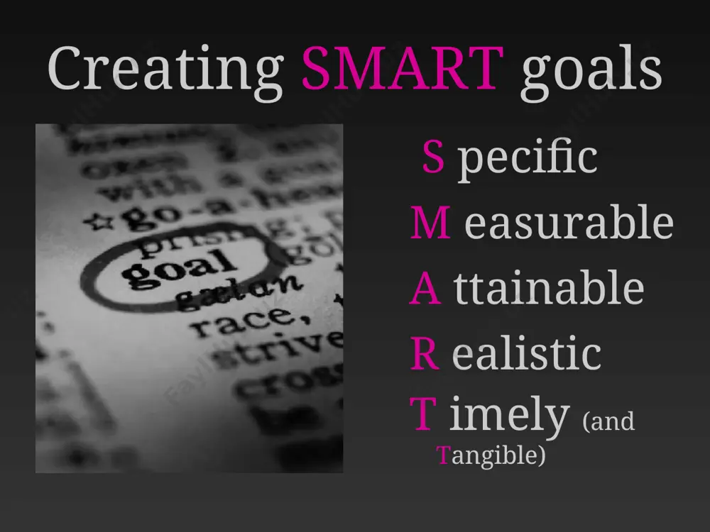 ble, not because your goals shrink, but because you grow and expand to match them. creating realistic goals to be realistic, a goal must represent an objective toward which you are both willing and able to work. a high goal is frequently easier to reach than a low one because a low goal exerts low motivational force. some of the hardest jobs you ever accomplished actually seem easy simply because they were a labor of love. creating realistic goals to determine if your goal is realistic, ask questions such as: do i truly believe that it can be accomplished? have i accomplished anything similar in the past? can i identify the conditions that would have to exist to accomplish this goal? creating timely goals when do you want to accomplish your goal? “someday” won't work. but if you anchor it within a timeframe (“by may 1st”), then you have already …