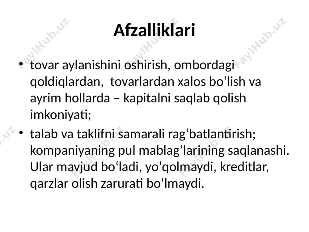 bitimlar amalga oshiriladigan bozorlarda uchraydi. zargarlik buyumlari, antiqa do‘konlar, dehqon bozorlar egiluvchan narxlardan foydalanadilar taqsimot kanalining asosiy funksiyalariga quyidagilar kiradi: axborot – bu marketing tadkikotlari natijasida olingan ma’lumotlar va marketing muxiti tugrisidagi axborotlarni uz ichiga oladi siljitish – maxsulot taklifiga oid ishontiruvchi axborotlarni reklama va boshqa vositalar orqali tarqatish aloqa – kerakli xaridorlarni topish va ular bilan aloqa o’rnatish muvofiqlashtirish – talab va taklifni bir-biriga moslashtirish taqsimot yulining tarkibiy qismlari bir qator vazifalarni bajaradi: tovarni bir joydan boshqa joyga ko’chishi; tovarga yoki undan foydalanish uchun mulk egasi xuquqini berish undovchi faoliyat tovarlar buyurtmasi xavf-xatarni bo’yniga olish muzokaralar olib borish bozor ma’lumoti taxlili tovar xarakatini rejalashtirishda, korxona tanlagan tovar sotish uslublari quyidagilardan biri bo‘lishi mumkin tovar ishlab chiqaruvchi vositachilarsiz, to’gridan – to’g’ri o’zining iste’molchisi bilan bog’lanishi; tovarlarni mustaqil vositachi(firmalar) orqali sotish; aralash usul, ishlab chiqaruvchi firma va vositachi savdo tashkiloti sarmoyalari qatnashishi orqali. chakana savdo axoliga to‘g‘ridan - to‘g‘ri tovar sotish …