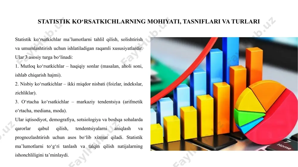 atistikada bir-birini to'ldiradigan asosiy ko'rsatkichlardir. mutloq miqdorlar haqiqiy sonlarda ifodalangan miqdoriy xususiyatlarni ko'rsatadi (masalan: 5000 dona mahsulot, 1 million aholi). ular reallikni aniq aks ettiradi va barcha statistik hisoblar uchun asos bo'lib xizmat qiladi. nisbiy miqdorlar esa ikki miqdorning nisbatini ifodalaydi va: foizlar (%) koeffitsientlar indekslar shaklida ifodalanadi. ular o'zgarishlar dinamikasini, tarkibiy nisbatlarni va intensivlik darajasini tushunishga yordam beradi. ikkala ko'rsatkich ham birgalikda ishlatilganda to'liq va tushunarli statistik tahlil amalga oshirish mumkin. mutloq miqdorlar "qancha" degan savolga, nisbiy miqdorlar esa "qanday nisbatda" degan savollarga javob beradi. o‘rtacha miqdorlar: mohiyati, ahamiyati va tasnifi o‘rtacha miqdorlar ma’lumotlarning markaziy qiymatini aniqlash uchun ishlatiladi. ular 3 asosiy turga bo‘linadi: 1. arifmetik o‘rtacha - barcha qiymatlar yig‘indisini ular soniga bo‘lish (masalan: 2, 4, 6 uchun (2+4+6)/3=4) 2. mediana - tartiblangan ro‘yxatdagi o‘rtadagi qiymat (1, 3, 5, 7, 9 uchun 5) 3. moda - eng ko‘p takrorlanuvchi qiymat (2, 3, 3, 4 uchun 3) o‘rtachalar ma’lumotlarni …