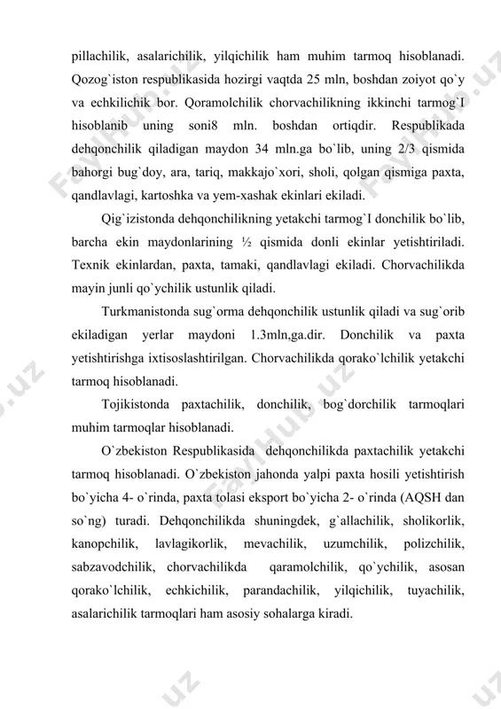 h, mulkni davlat ehtiyojidan chiqarish va xususiylashtirish, fermer, shirkat va boshqa xo`jalkiklar faoliyatini shakllantirish va taraqqiy ettirish chora tadbirlarini ishlab chiqarishga katta e`tibor bermoqdalar. masalan: o`zbekistonda paxta maydonlari qidqartirildi, tarkibiy tuzulishiga o`zgartirishlar kiritildi, g`alla maydonlarining ulushi 40 %ga yetkazildi va 3.0mln tonnadan ortiq g`alla tayyorlashga erishildi. respubliklarda qishloq xo`jaligi sohasida xo`jalik yuritishning shirkatlar, ijarachilar uyushmasi, xususiylashtirilgan shakllari yatraildi, qishloqda fermerlar va dehqon xo`jaliklari paydo bo`ldi. o`zbekistonda bugungi kunga kelib islohatlar markazi qishloq xo`jaligiga ko`chirildi. buning sababini biz islom karimovning “o`zbekiston xxi asr bo`sag`asida: havfsizlikka taqdid, barqaroerlik shartlari va taraqqiyot kafolatlari” asrida (1997)gi fikr- mulohazalardan ham bilsak bo`ladi:- “hozirgi vaqtda aynan iqtisodning agrar sektorida katta-katta zahiralar mavjud. ularni ishga solish yaqin vaqt ichidayoqsezilarli natijalar erishi mumkin. bugungi iqtisodiy o`zgarishning yakuni, o`zgarishlar jarayonlari agrar sektorni qanchalik chuqur borishiga bog`liq bo`ladi”. markaziy osiyo respublikalarida qishloq xo`jaligini rivojlantirish uchun dunyodagi rivojlangan mamlakatlar tajribasiga katta e`tabor qaratilmoqda va qishloq xo`jaligi tarmoqlari ishlab ciqarishni taraqqiy ettirish …