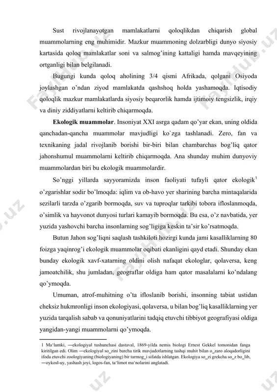 i kunda jami kasalliklarning 80 foizga yaqinrog’i ekologik muammolar oqibati ekanligini qayd etadi. shunday ekan bunday ekologik xavf-xatarning oldini olish nafaqat ekologlar, qolaversa, keng jamoatchilik, shu jumladan, geograflar oldiga ham qator masalalarni ko’ndalang qo’ymoqda. umuman, atrof-muhitning o’ta ifloslanib borishi, insonning tabiat ustidan cheksiz hukmronligi inson ekologiyasi, qolaversa, u bilan bog’liq kasalliklarning yer yuzida tarqalish sabab va qonuniyatlarini tadqiq etuvchi tibbiyot geografiyasi oldiga yangidan-yangi muammolarni qo’ymoqda. fan va texnikaning jadal taraqqiyoti, insonning tabiatga bo’lgan ta’sirining to’xtovsiz ortib borishi va shu tufayli tabiiy muhitda yuz berayotgan qator salbiy o’zgarishlar inson salomatligiga sezilarli ta’sir ko’rsatmoqda. tabiiy muhitning ifloslanishi, shaharlashuv jarayoni, aholining shaharlarda o’ta tig’iz joylashuvi, ijtimoiy muhitdagi salbiy o’zgarishlar kishilarda qadim zamonlarga xos va mos bo’lmagan asab va boshqa turdagi kasalliklarning paydo bo’lishiga sabab bo’lmoqda. shaharlashuv (urbanizatsiya) jarayonining jadallashuvi o’z navbatida havo, suv va tuproqning ifloslanishi kabi muammolarni keltirib chiqarmoqda. shu bilan birga hozirgi vaqtda shaharlar kishilar ruhiy holatiga salbiy ta’sir ko’rsatuvchi shovqin …
